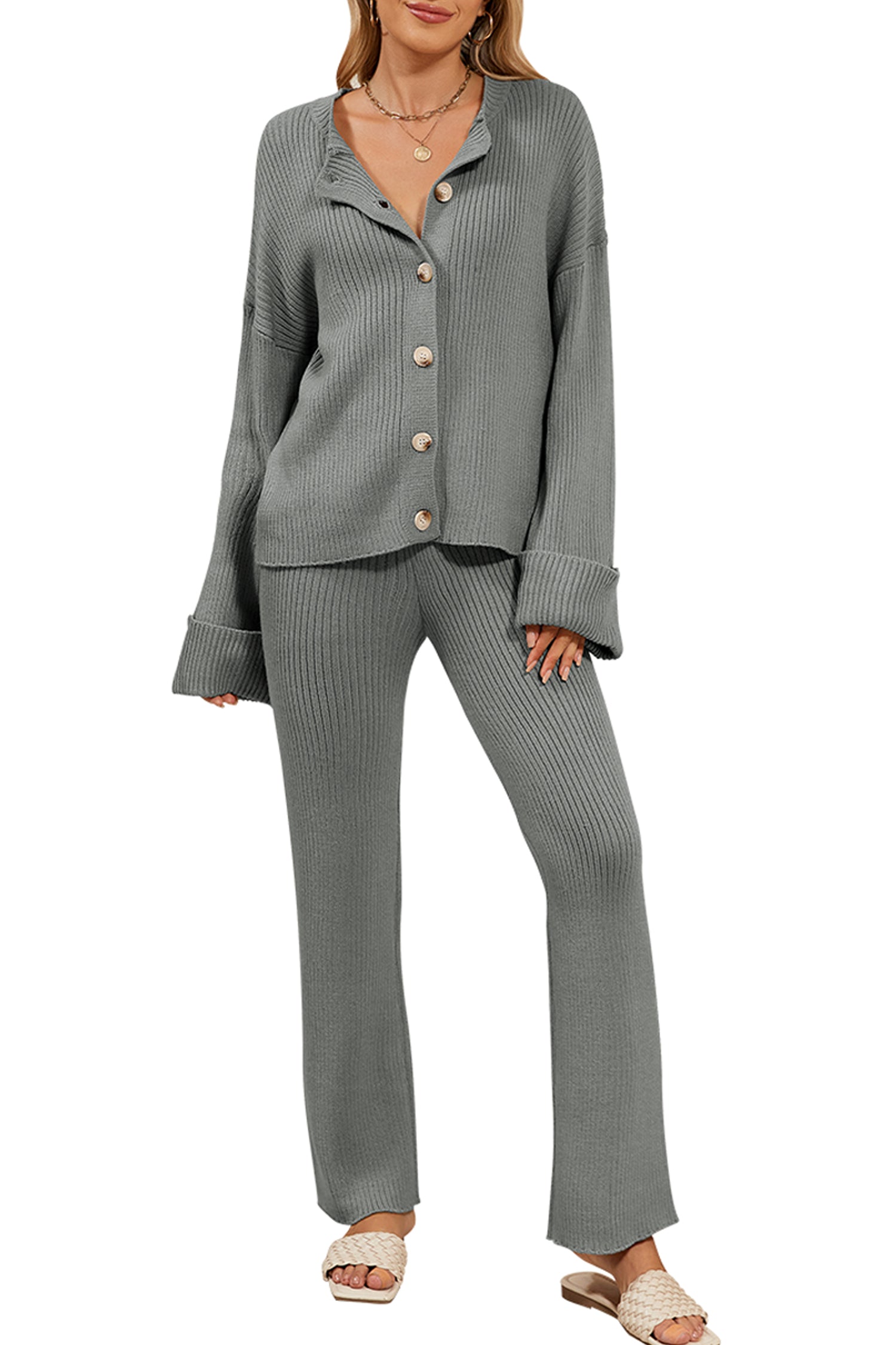 Cakulo Women's 2024 Loungewear Button Sweater & Wide Leg Pants