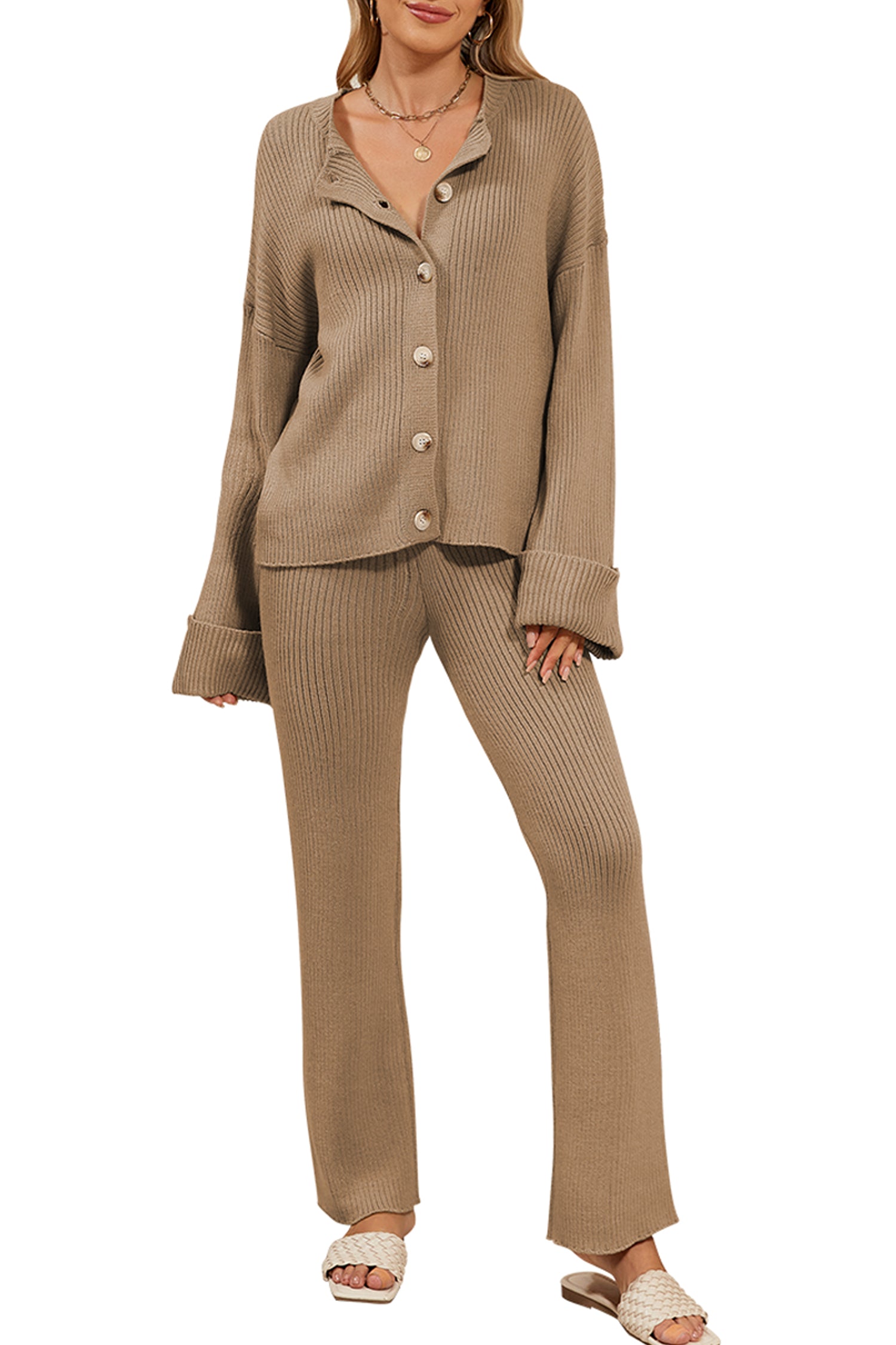 Cakulo Women's 2024 Loungewear Button Sweater & Wide Leg Pants