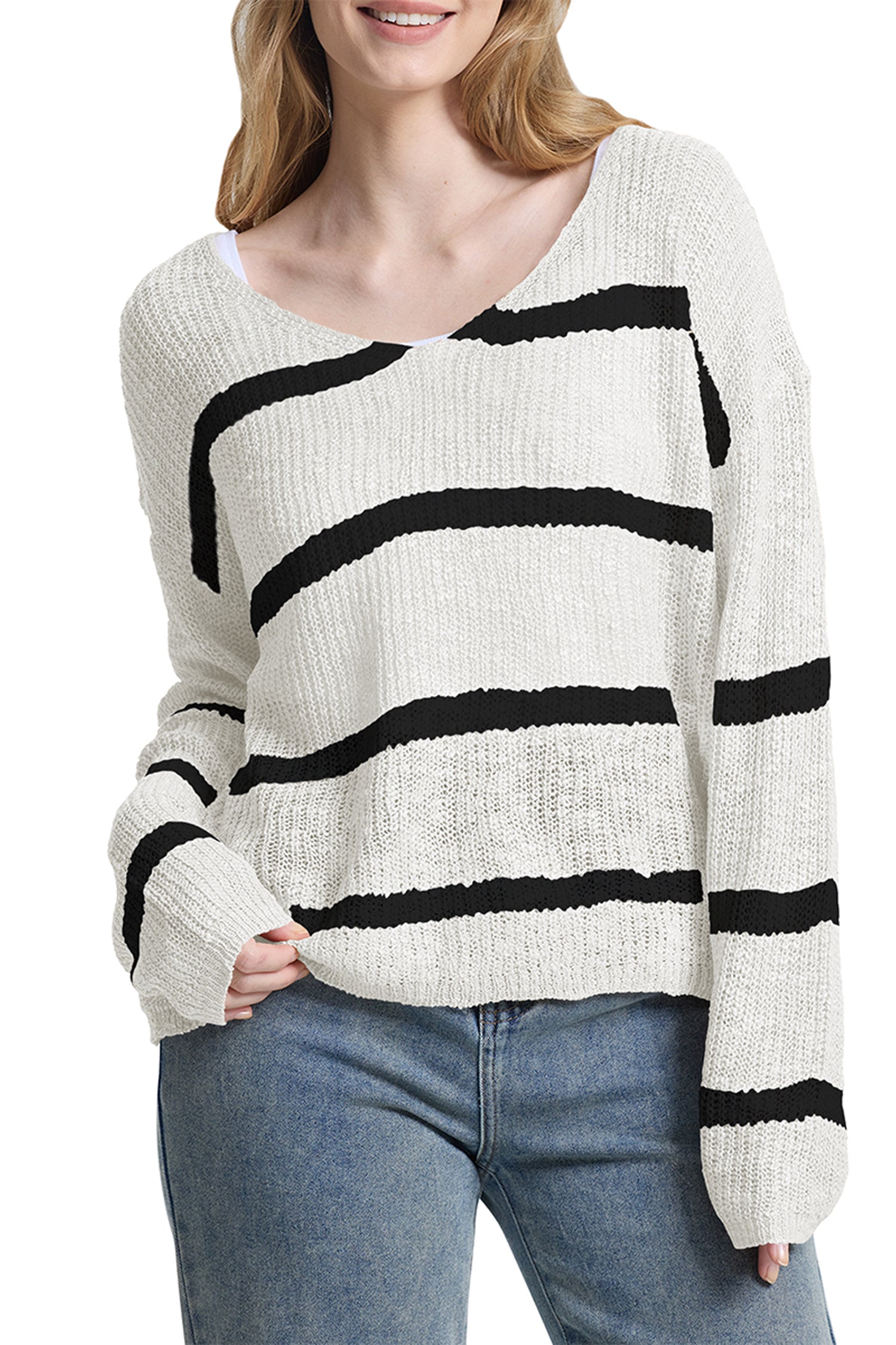 Cakulo Women's Off-Shoulder Striped Knit Sweater