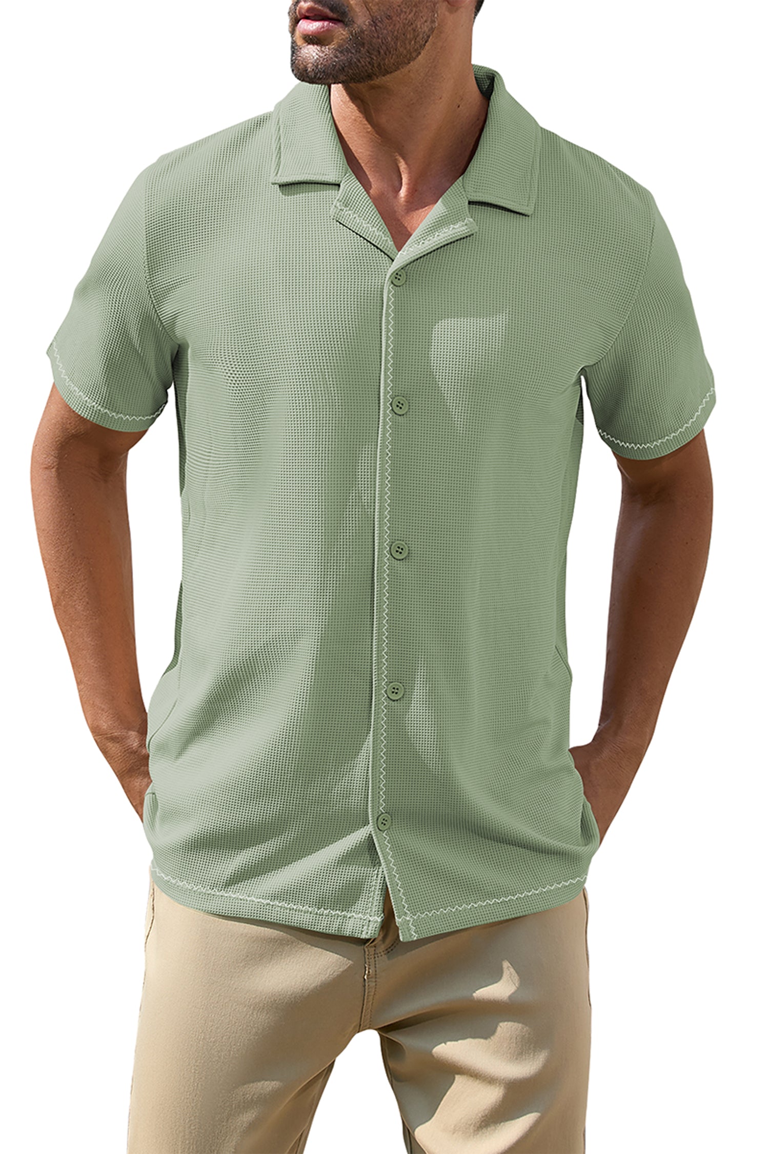 Cakulo Men's V-Neck Button-Down Short Sleeve Shirt