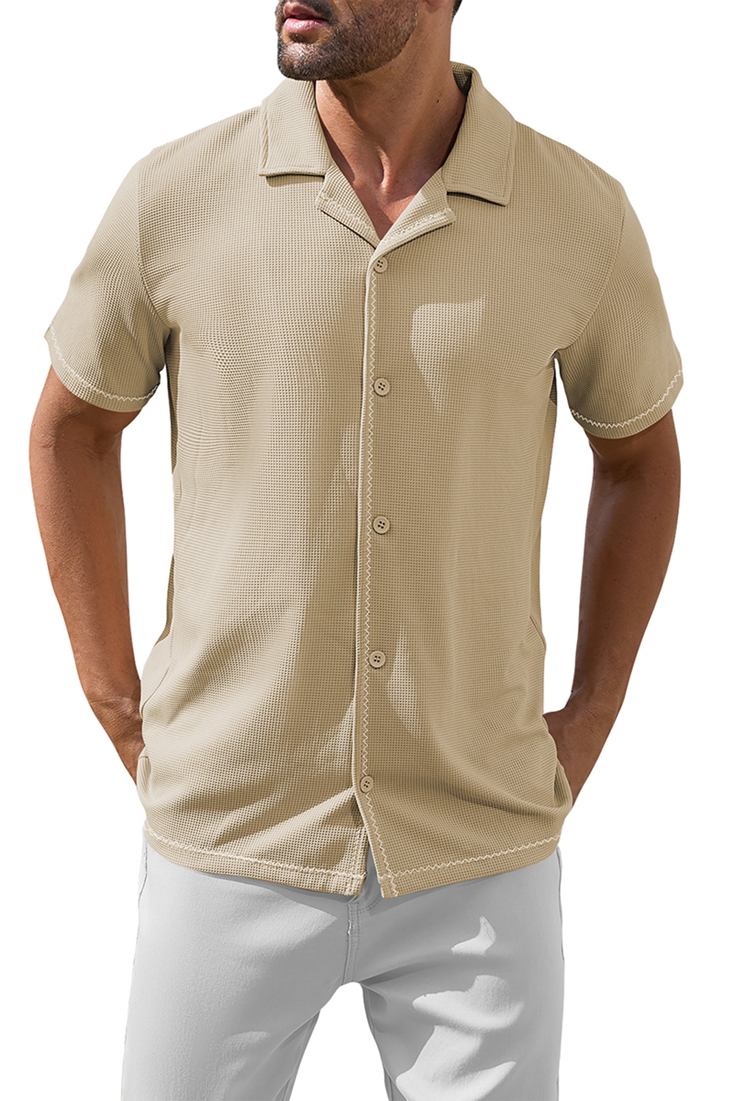 Cakulo Men's V-Neck Button-Down Short Sleeve Shirt