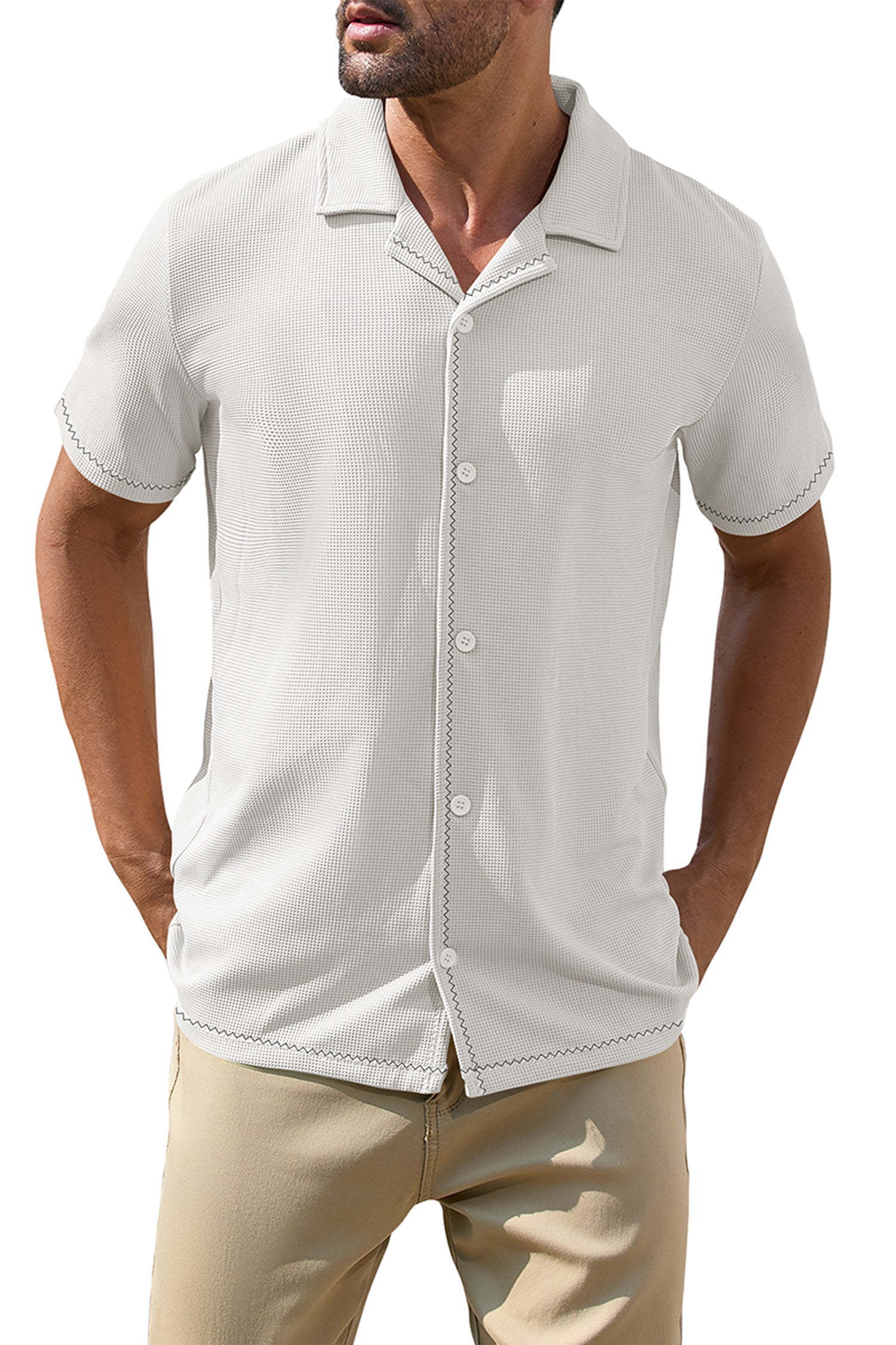 Cakulo Men's V-Neck Button-Down Short Sleeve Shirt