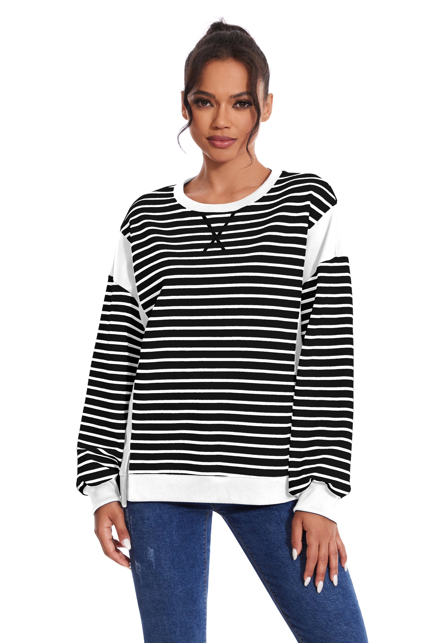 Cakulo Women's Striped Crewneck Sweatshirt with Split Hem 2024