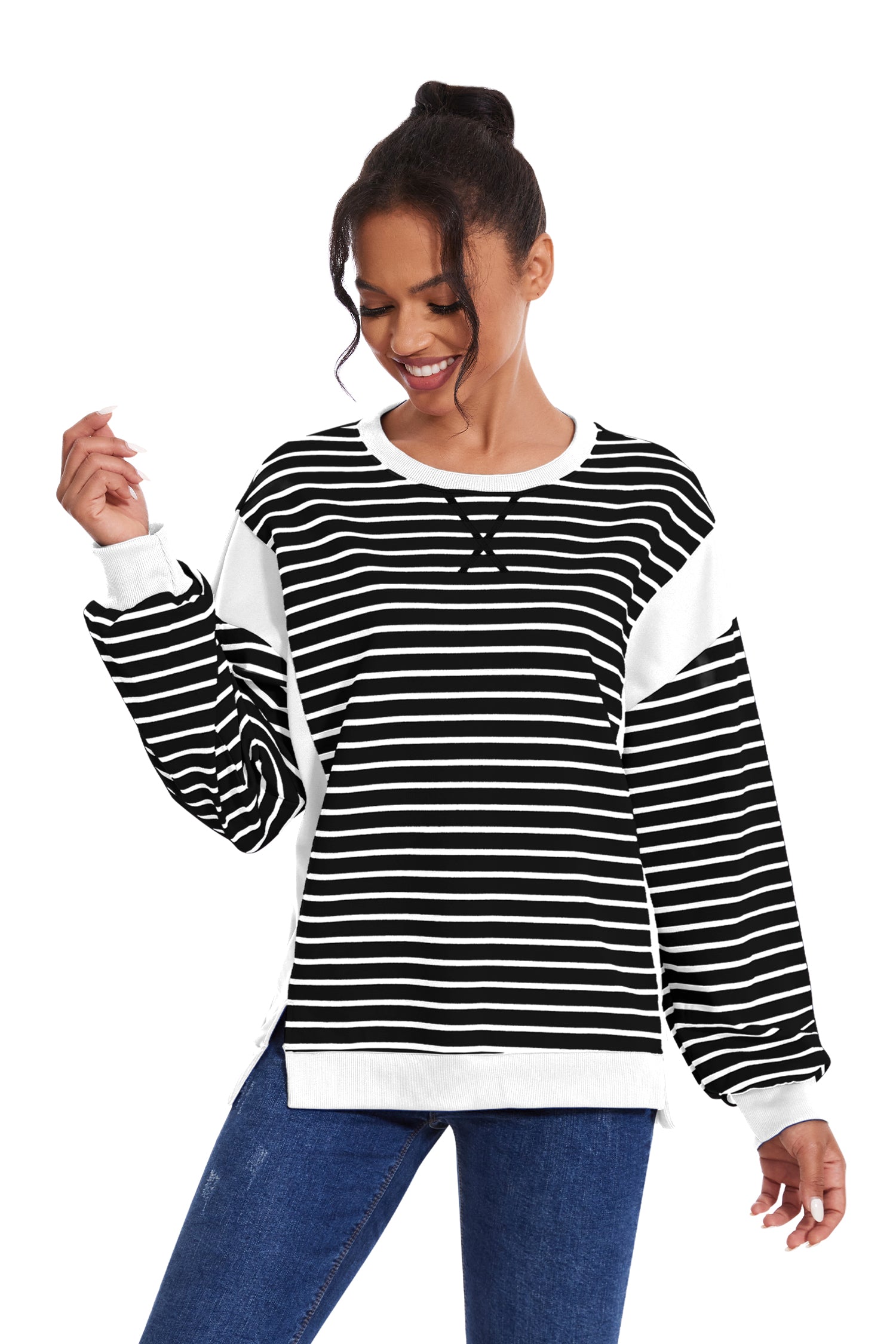 Cakulo Women's Striped Crewneck Sweatshirt with Split Hem 2024