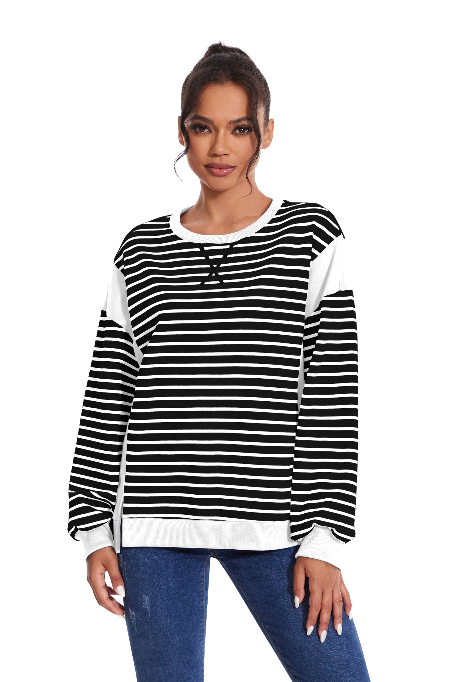 Cakulo Women's Striped Crewneck Sweatshirt with Split Hem 2024