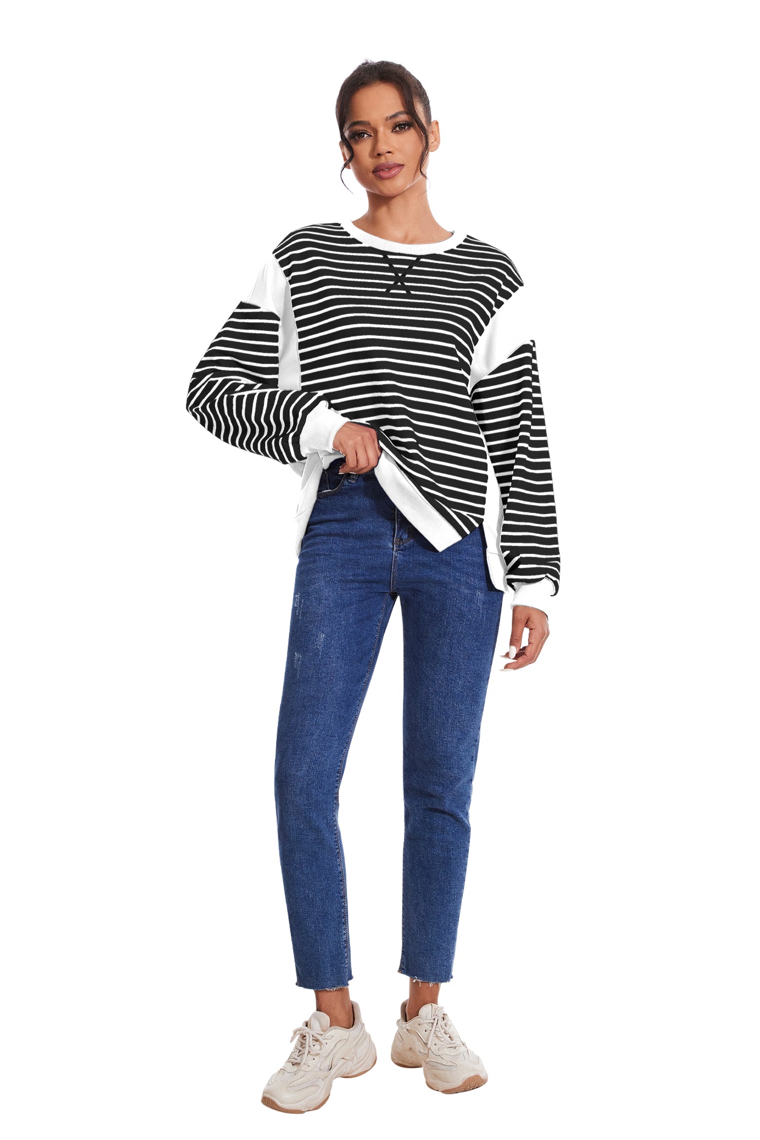 Cakulo Women's Striped Crewneck Sweatshirt with Split Hem 2024