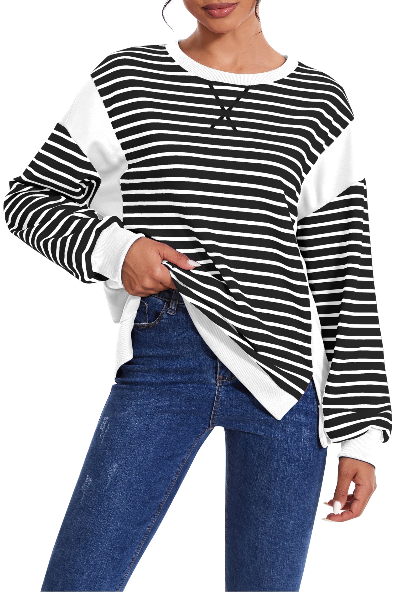 Cakulo Women's Striped Crewneck Sweatshirt with Split Hem 2024