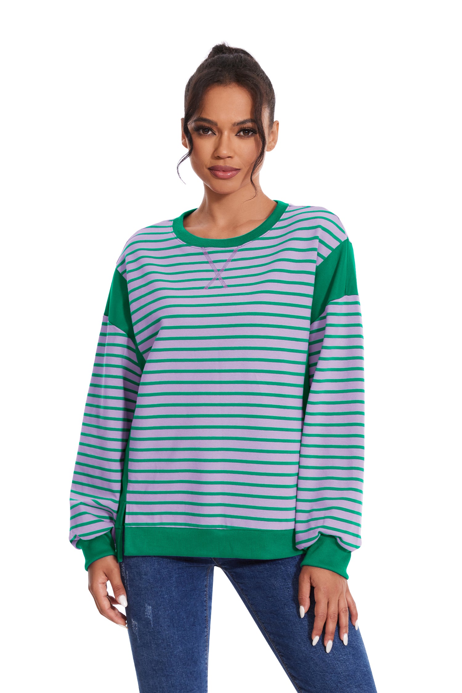 Cakulo Women's Striped Crewneck Sweatshirt with Split Hem 2024