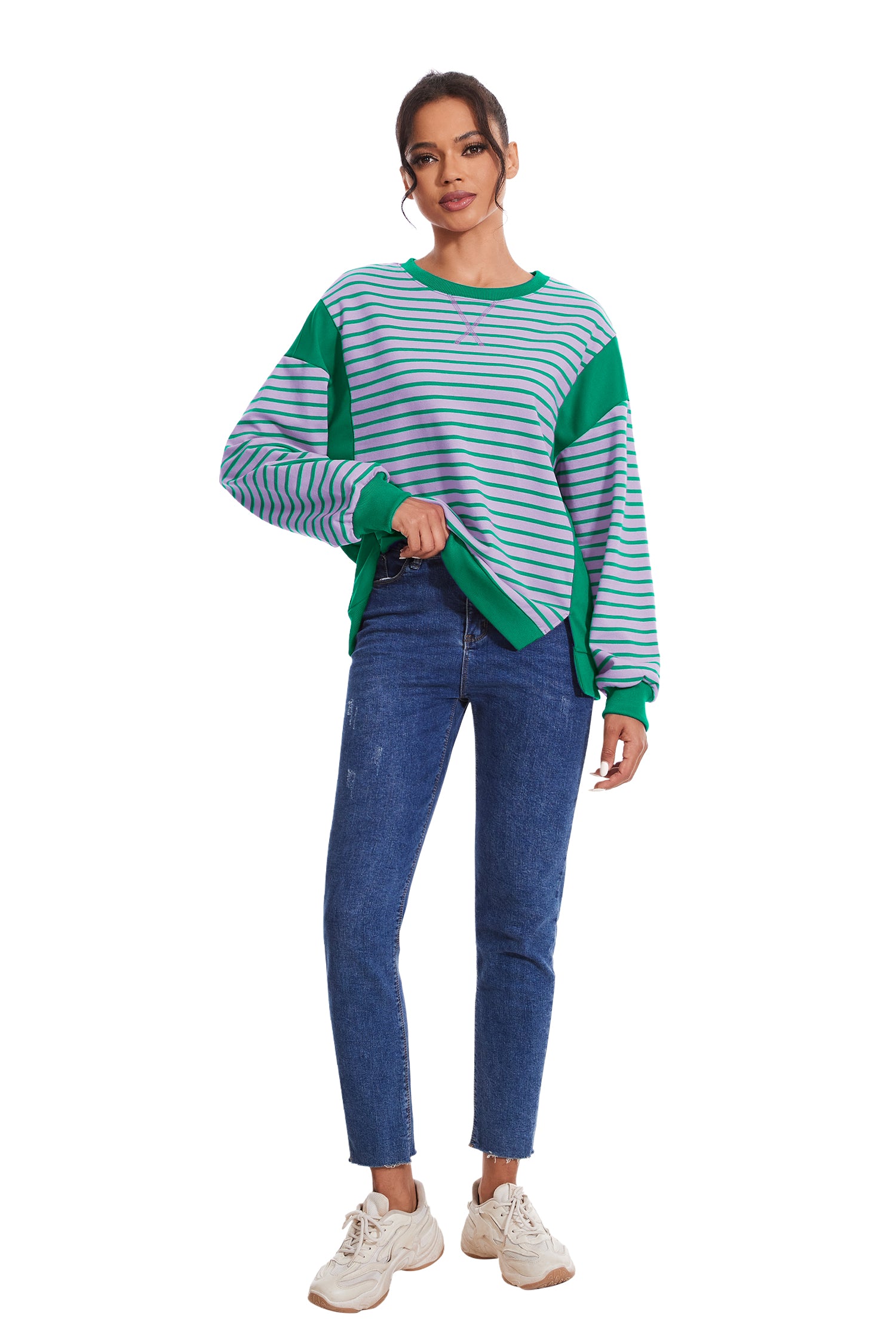 Cakulo Women's Striped Crewneck Sweatshirt with Split Hem 2024