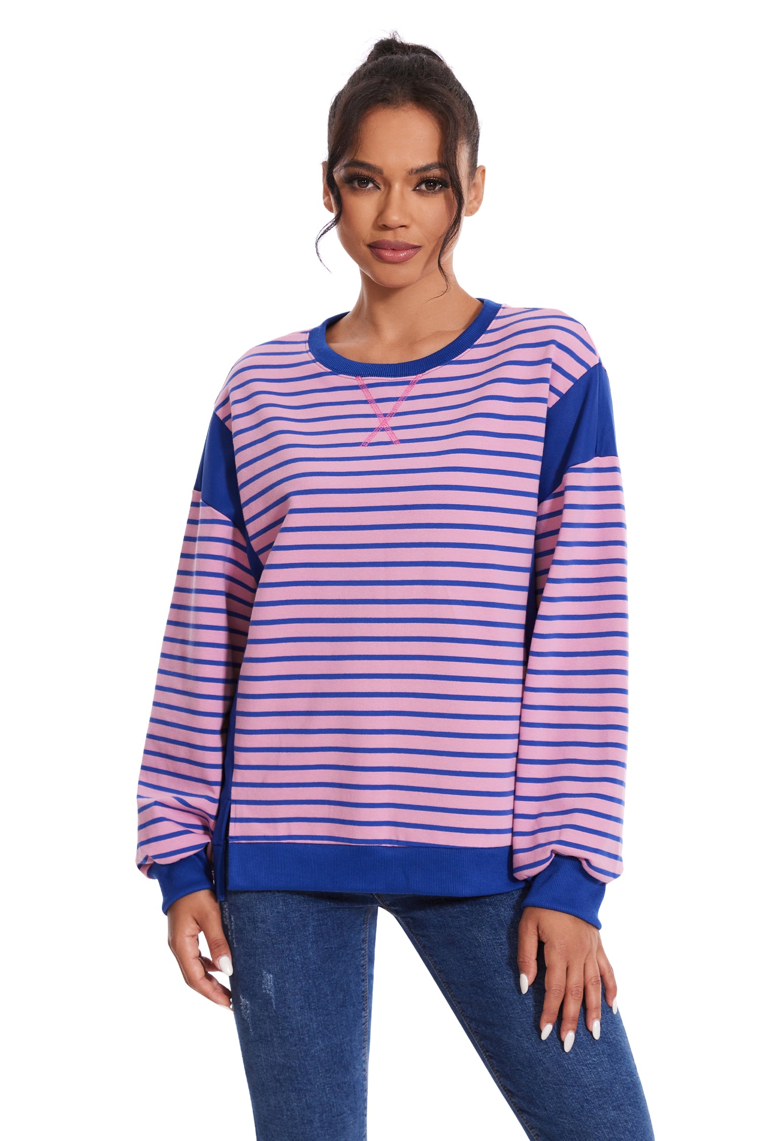 Cakulo Women's Striped Crewneck Sweatshirt with Split Hem 2024