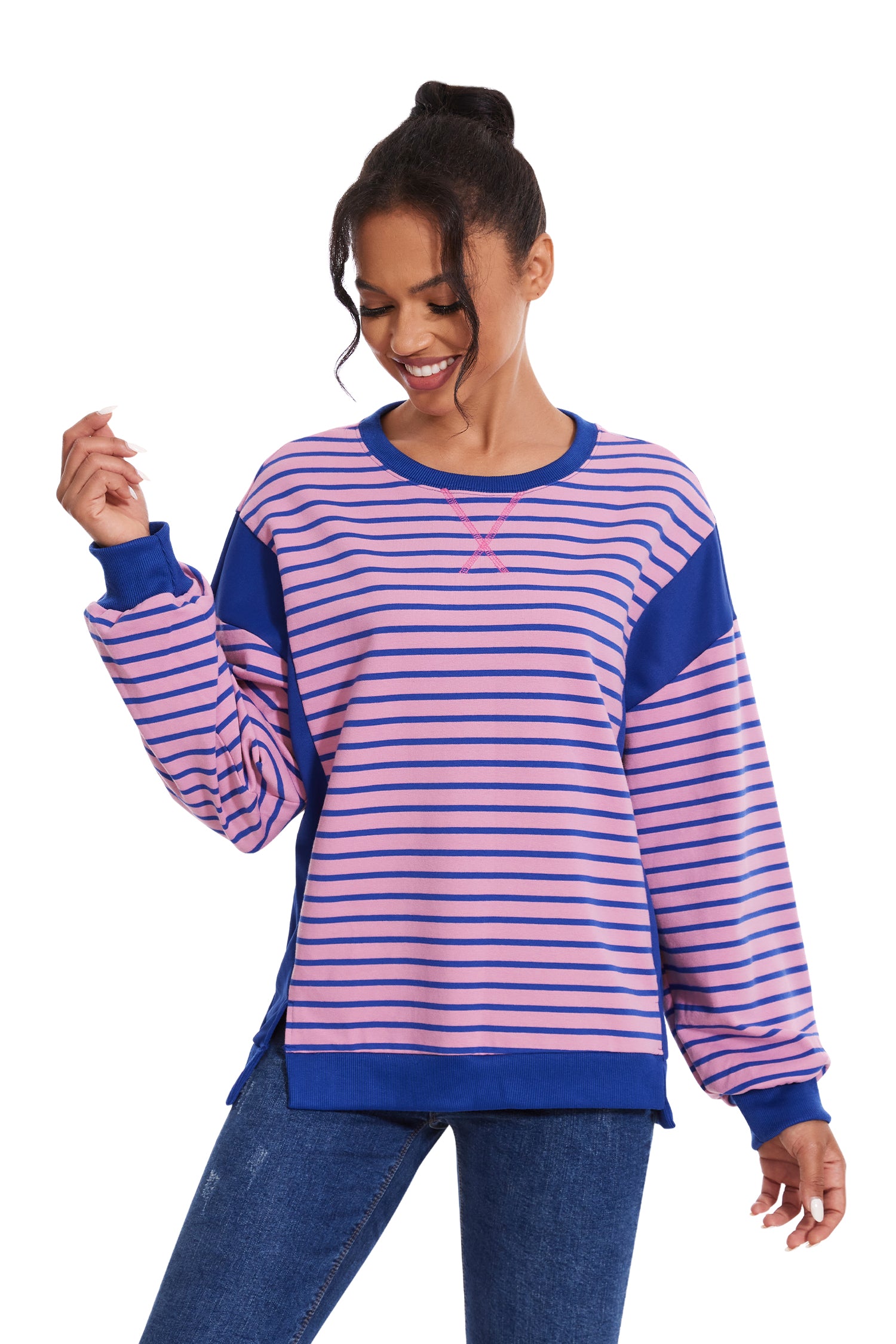 Cakulo Women's Striped Crewneck Sweatshirt with Split Hem 2024