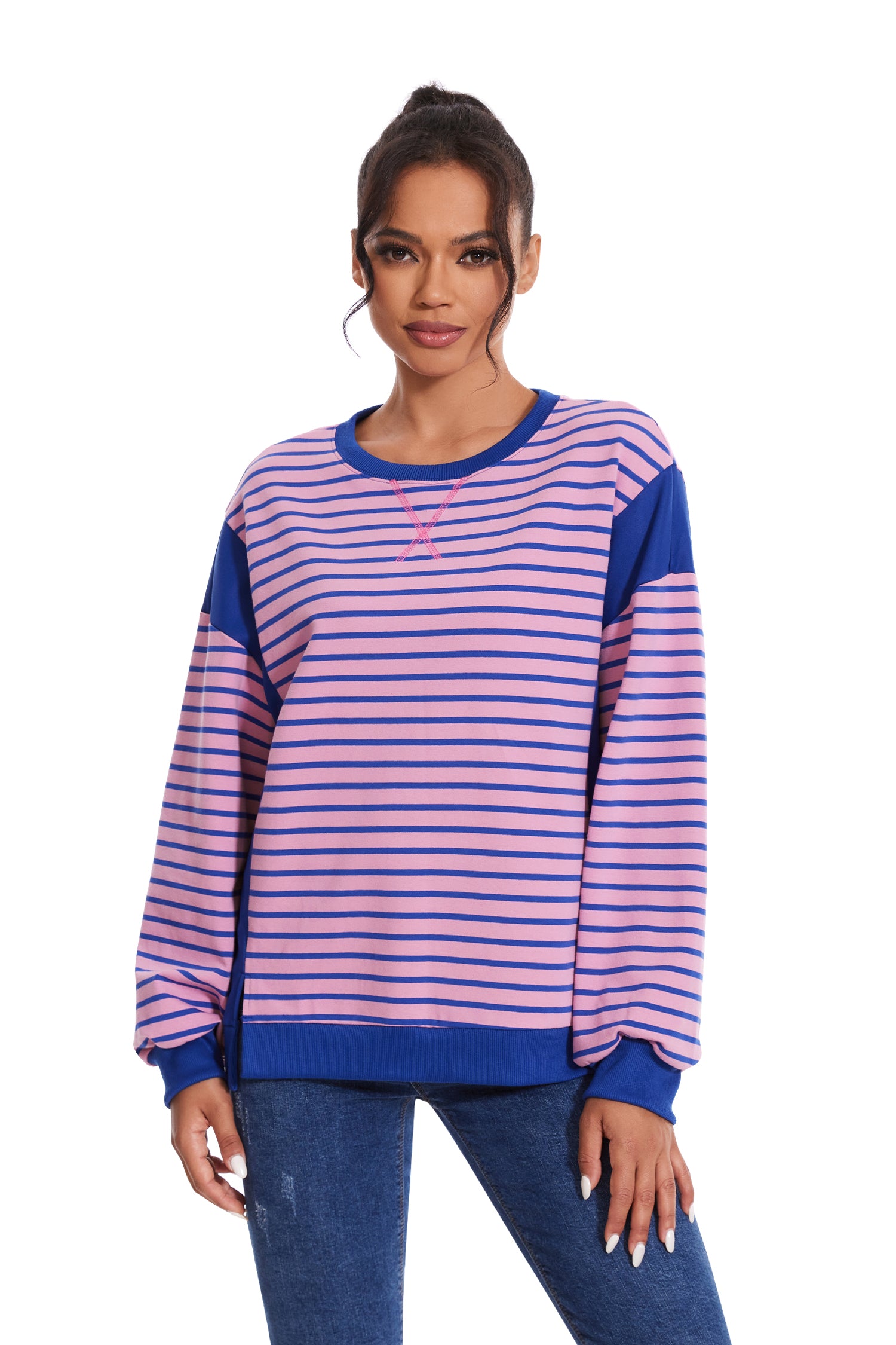 Cakulo Women's Striped Crewneck Sweatshirt with Split Hem 2024