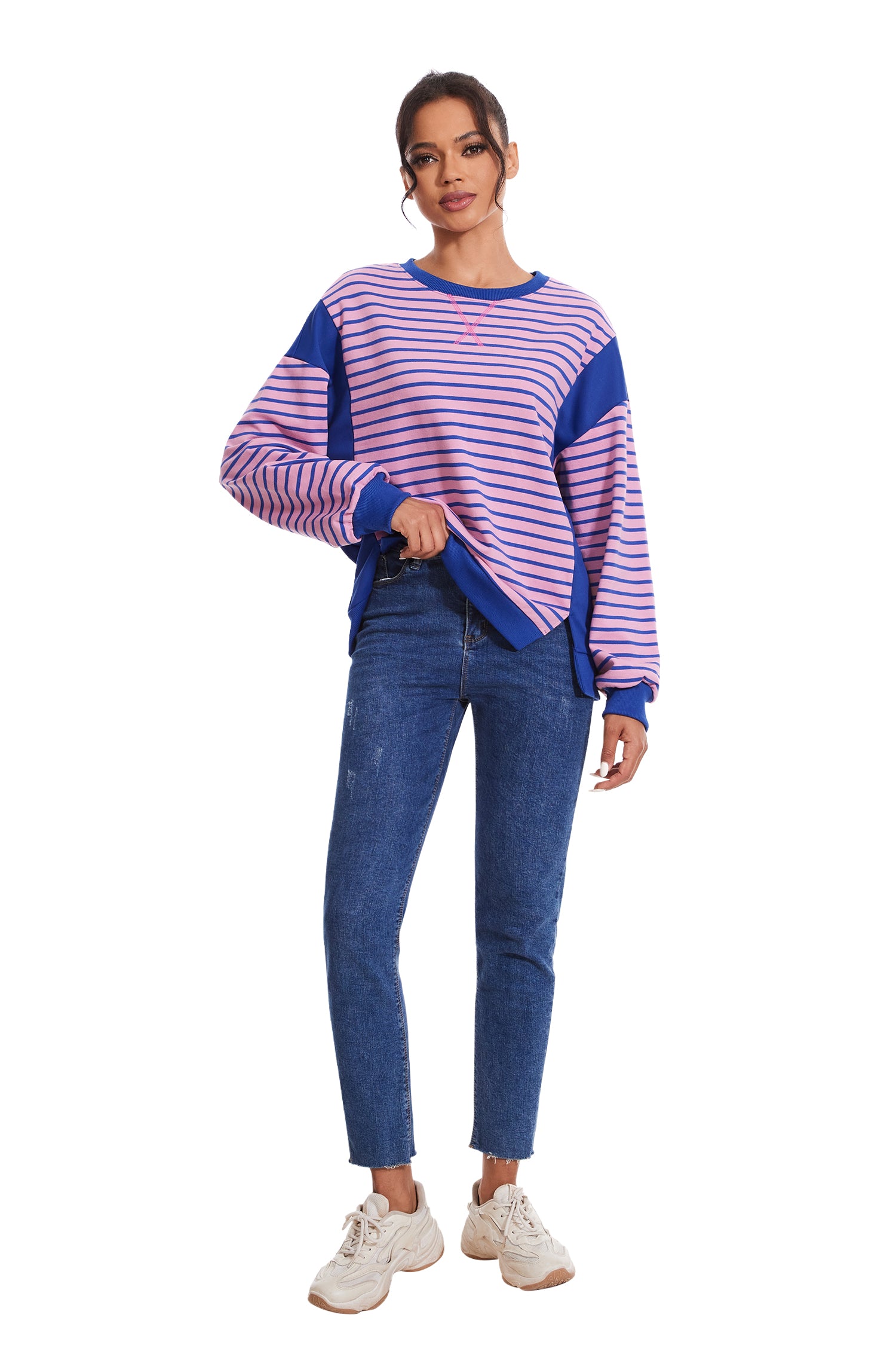 Cakulo Women's Striped Crewneck Sweatshirt with Split Hem 2024