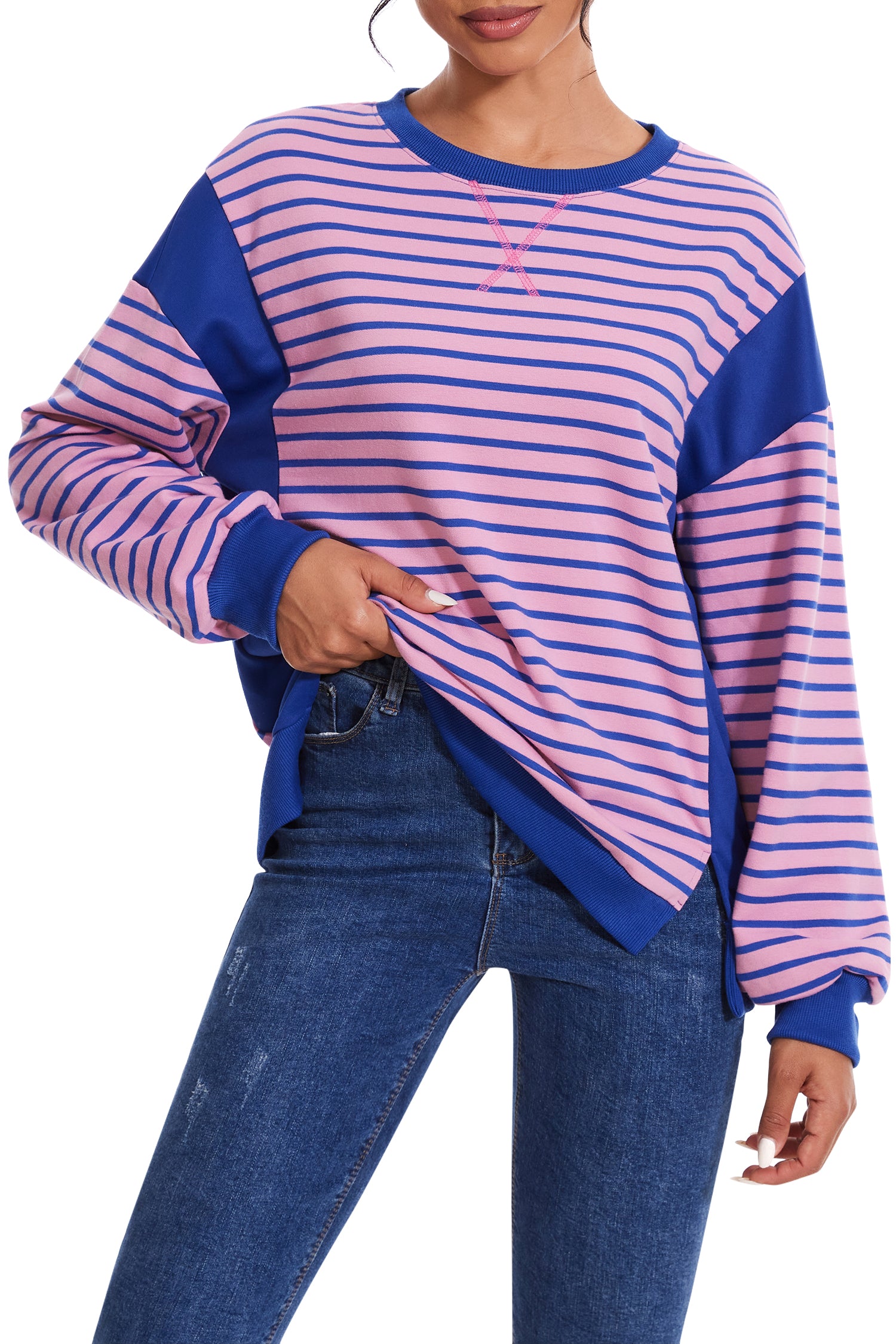 Cakulo Women's Striped Crewneck Sweatshirt with Split Hem 2024