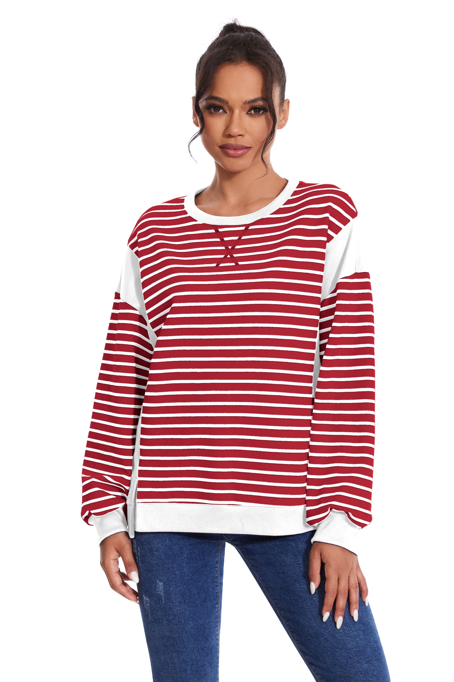 Cakulo Women's Striped Crewneck Sweatshirt with Split Hem 2024