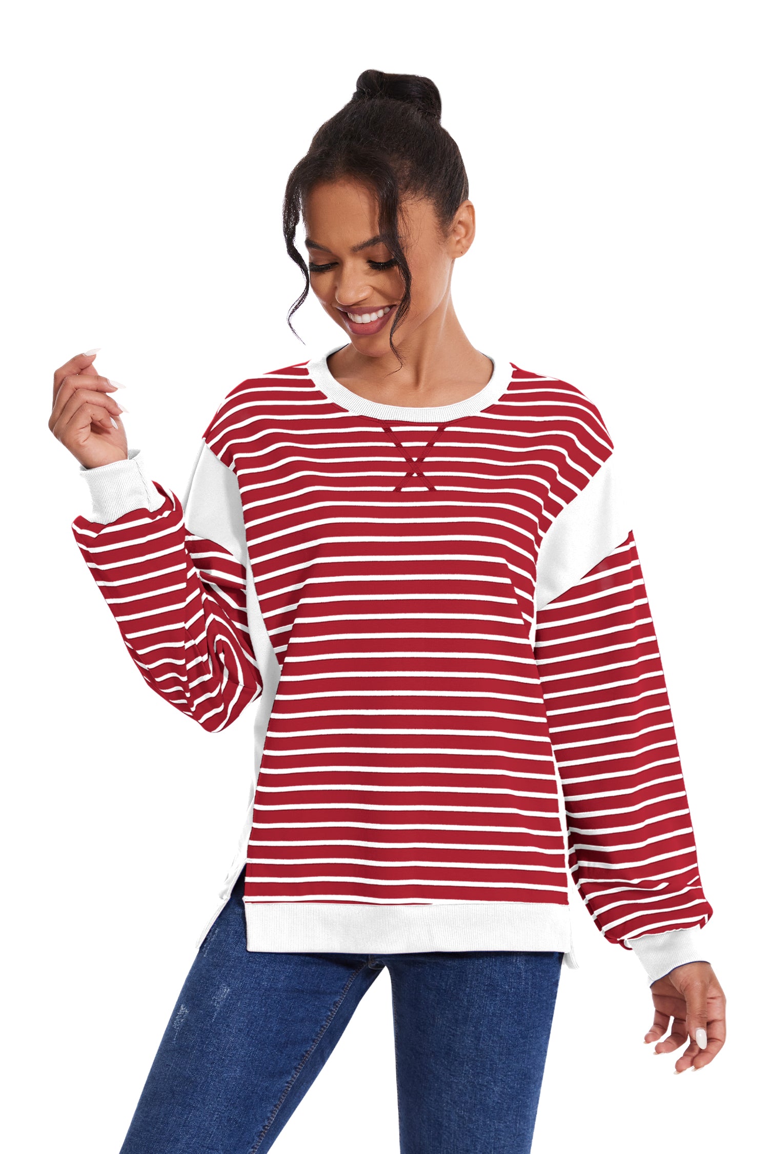 Cakulo Women's Striped Crewneck Sweatshirt with Split Hem 2024