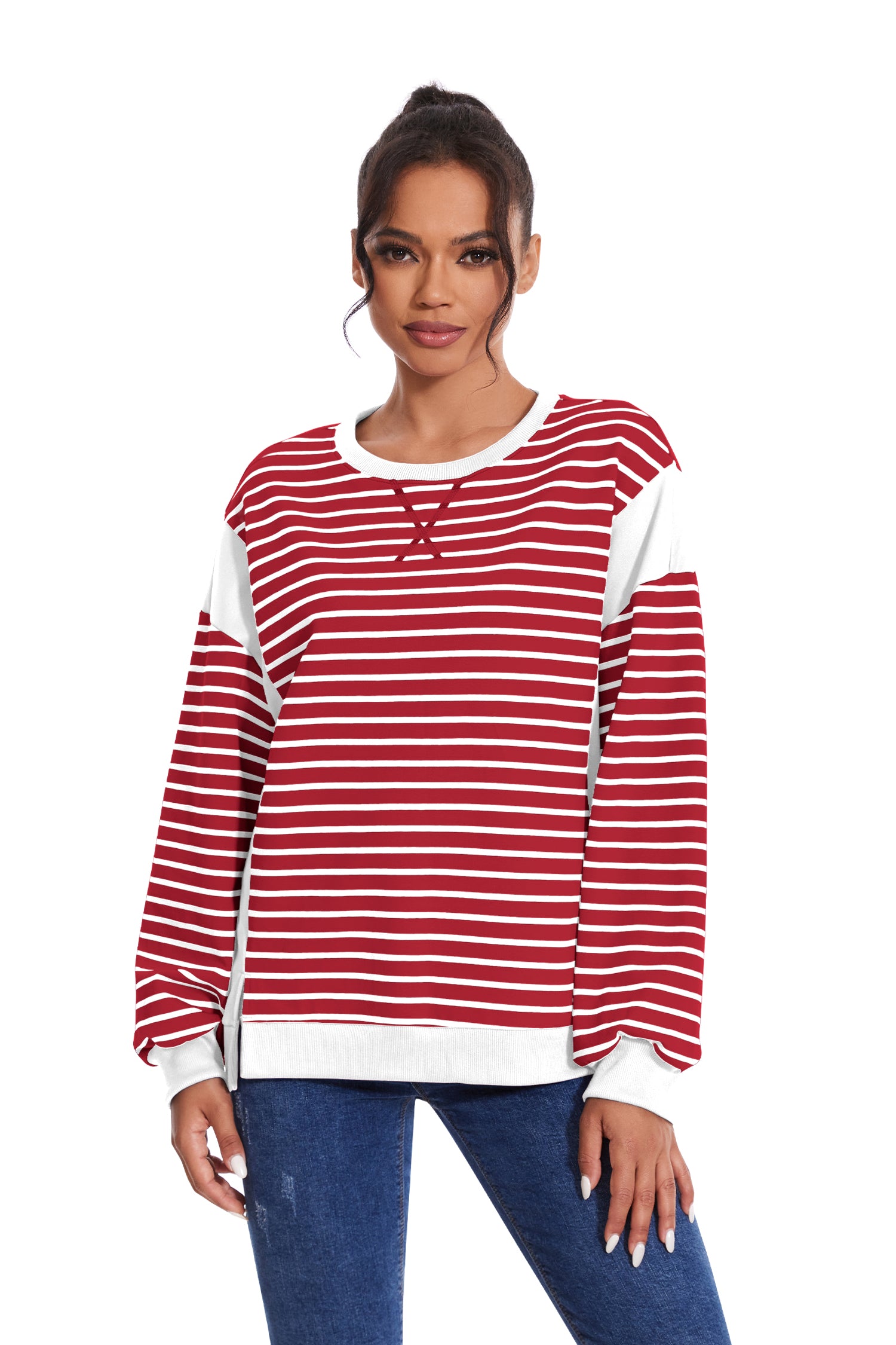 Cakulo Women's Striped Crewneck Sweatshirt with Split Hem 2024