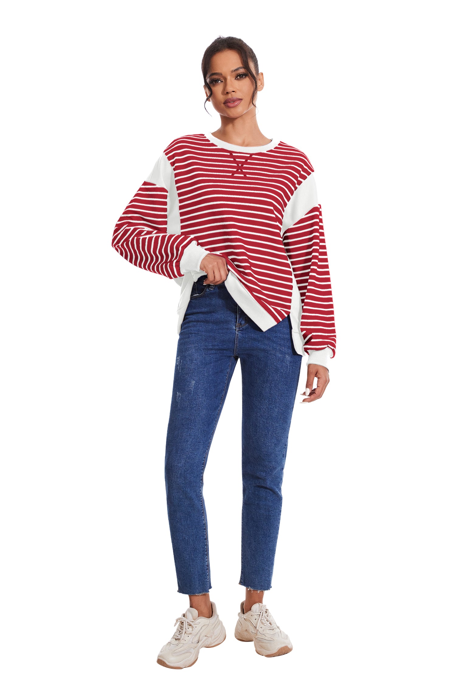 Cakulo Women's Striped Crewneck Sweatshirt with Split Hem 2024