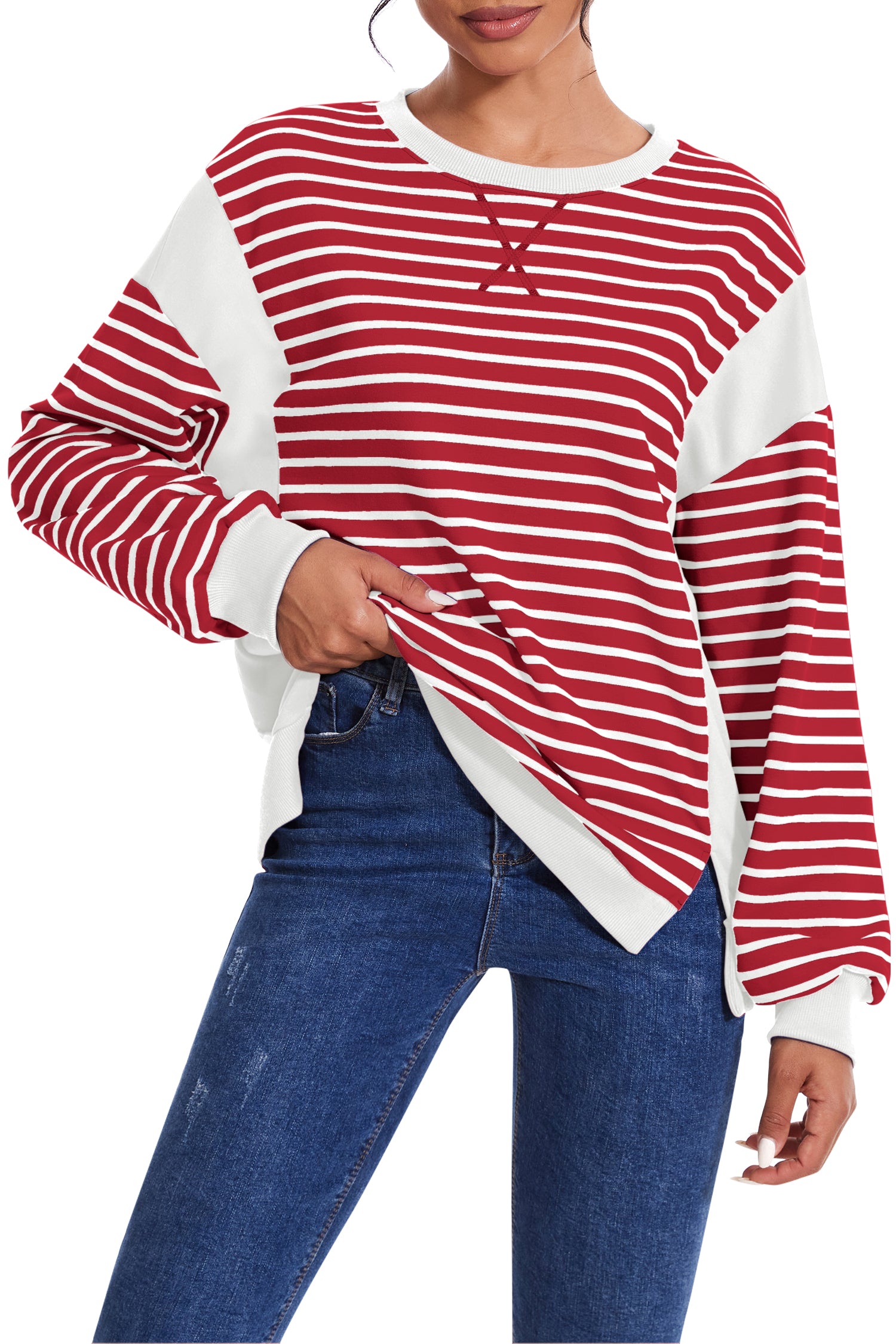 Cakulo Women's Striped Crewneck Sweatshirt with Split Hem 2024