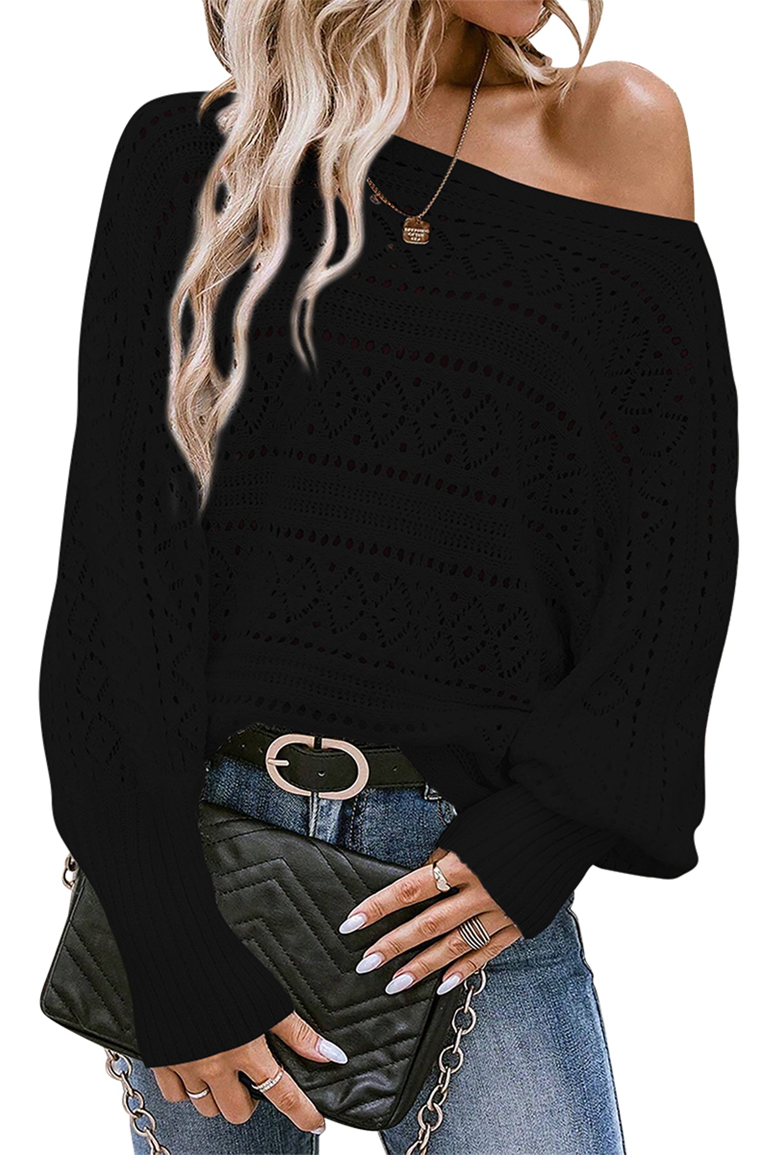 Cakulo Womens Off Shoulder Oversized Knit Batwing Sweater Top