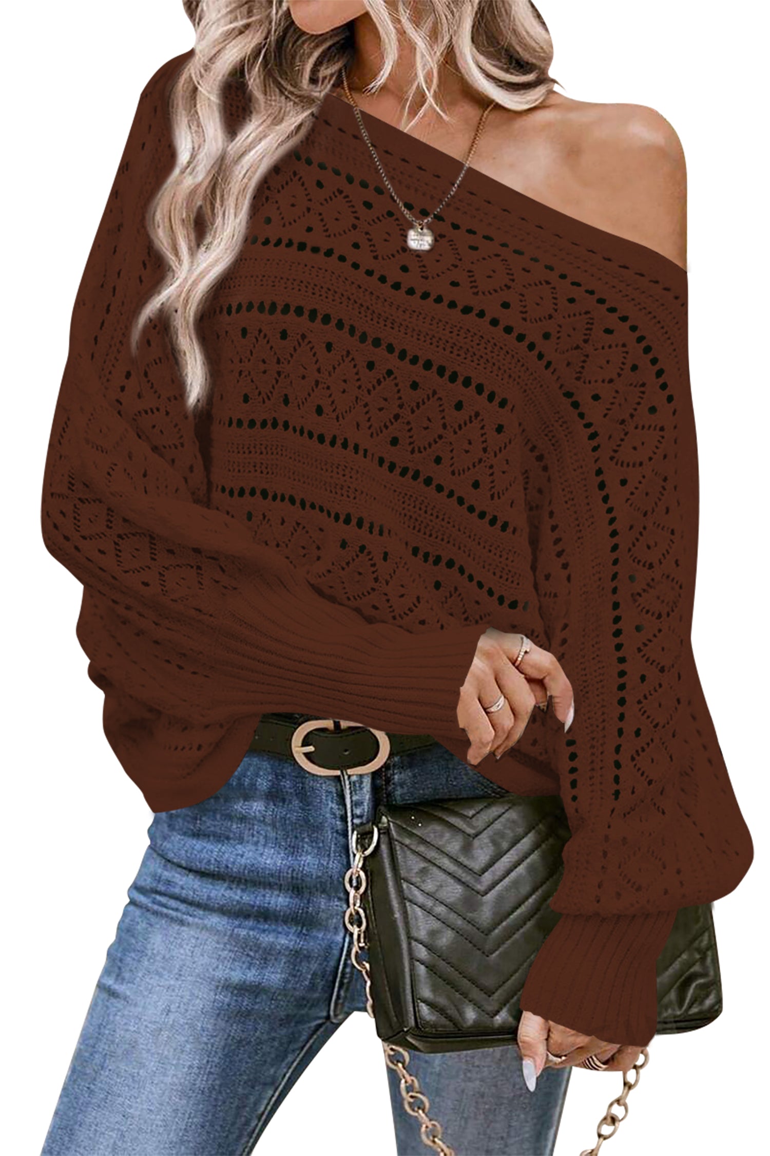 Cakulo Womens Off Shoulder Oversized Knit Batwing Sweater Top