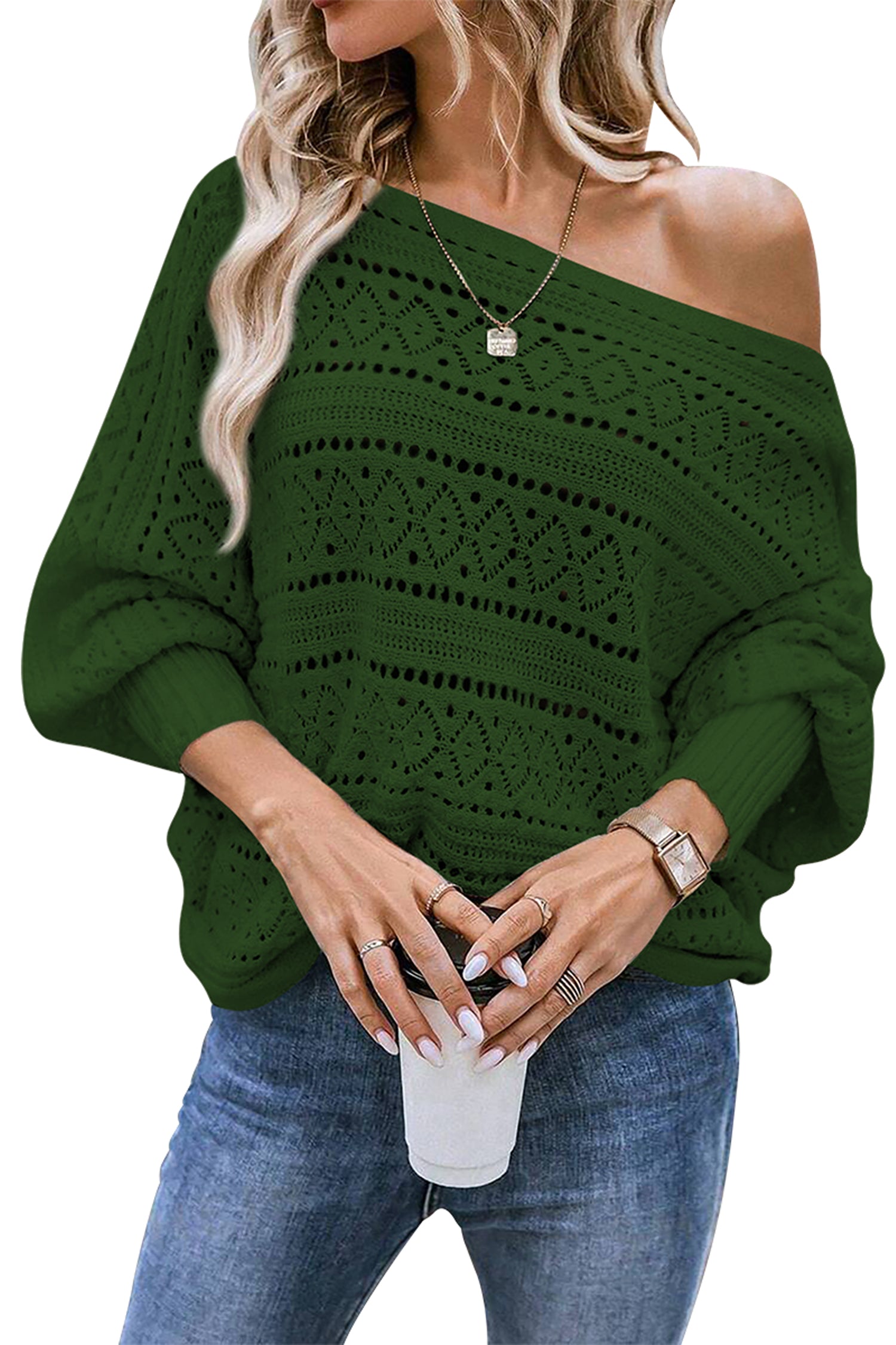 Cakulo Womens Off Shoulder Oversized Knit Batwing Sweater Top