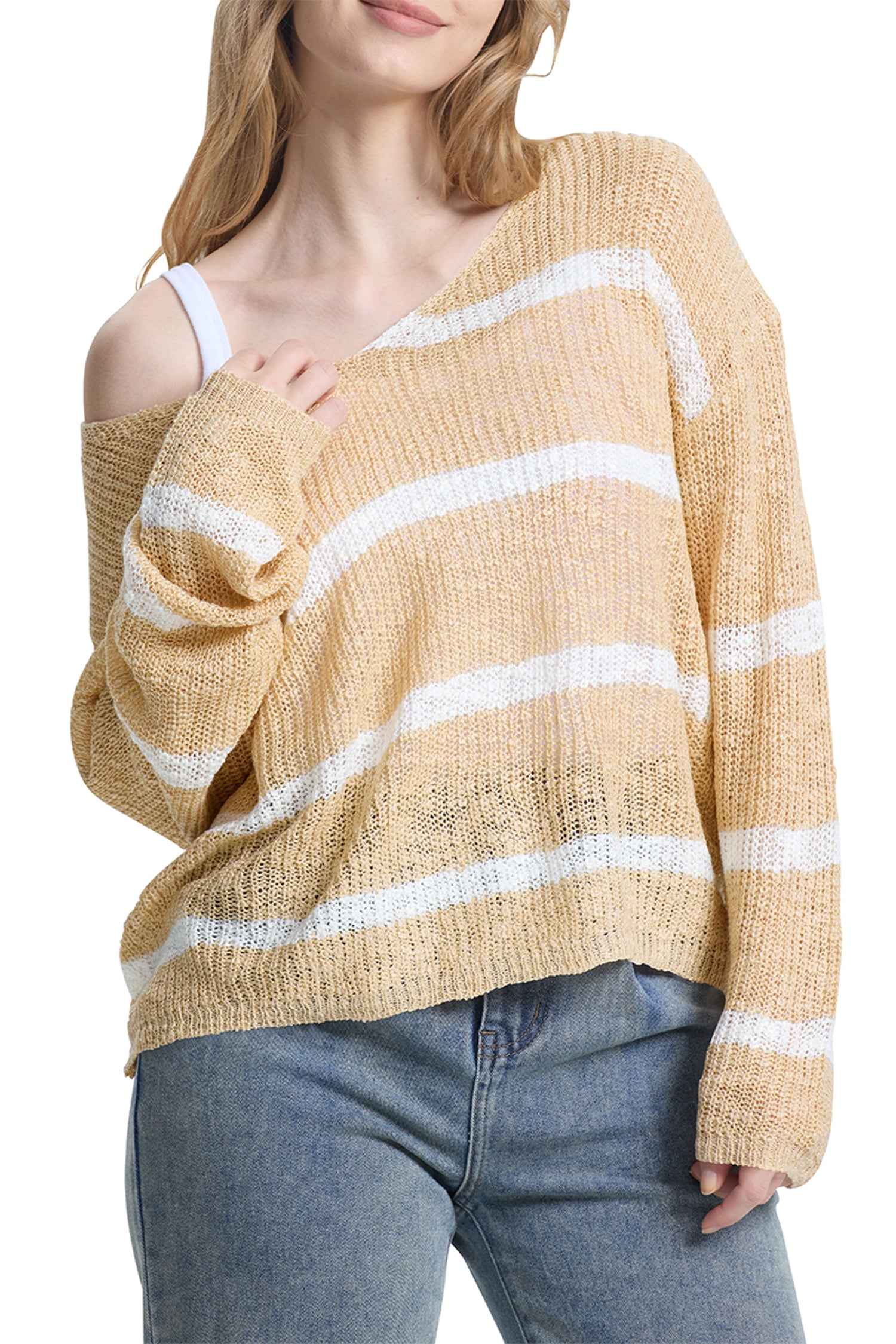 Cakulo Women's Off-Shoulder Striped Knit Sweater