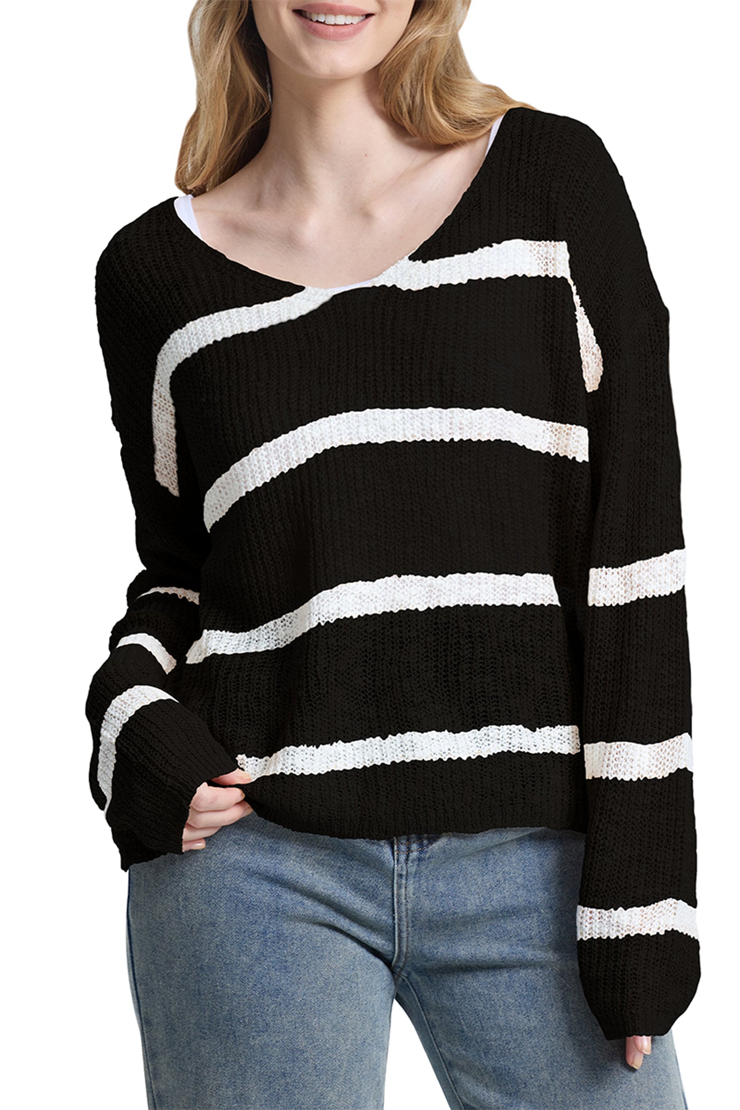 Cakulo Women's Off-Shoulder Striped Knit Sweater