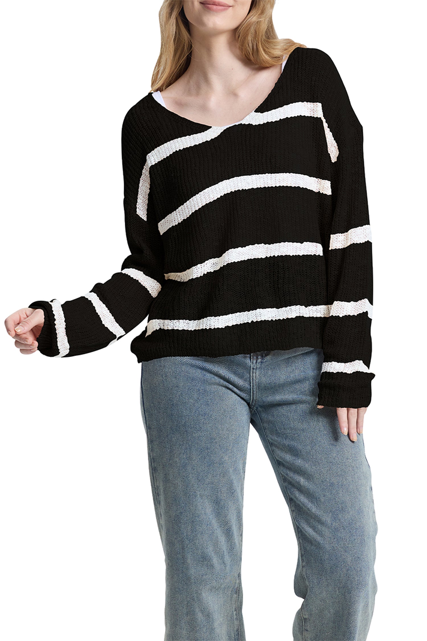 Cakulo Women's Off-Shoulder Striped Knit Sweater