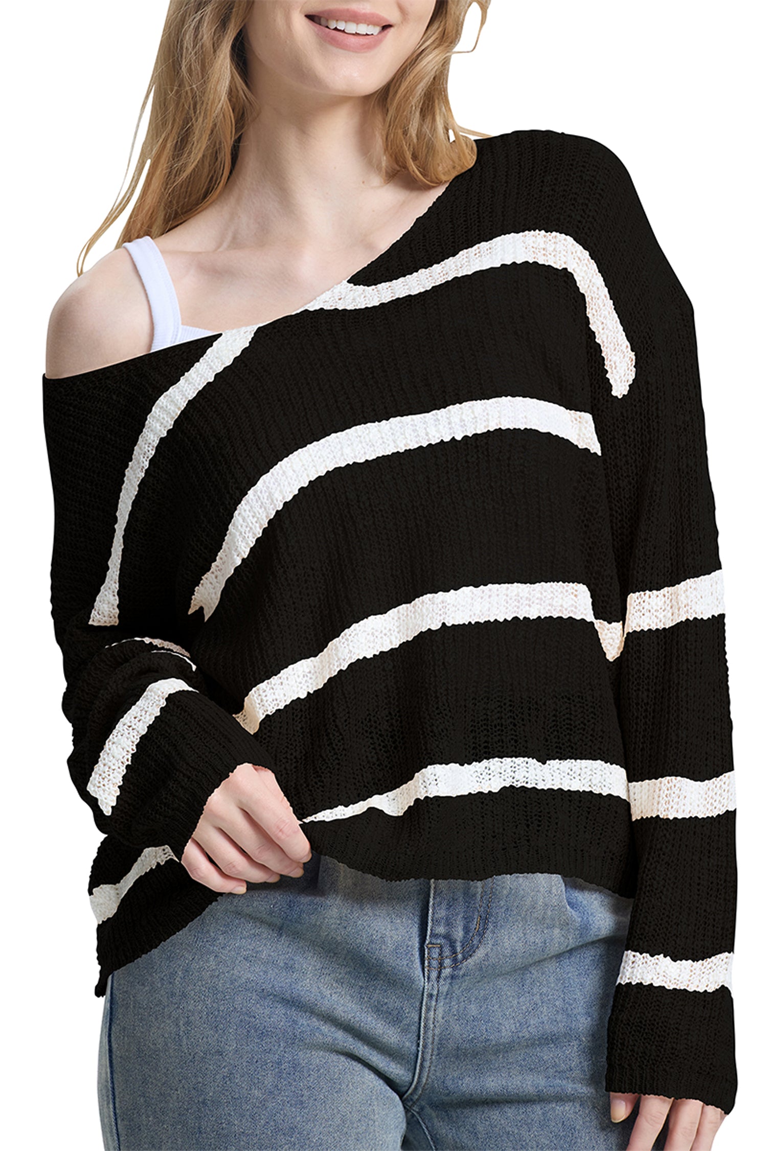 Cakulo Women's Off-Shoulder Striped Knit Sweater