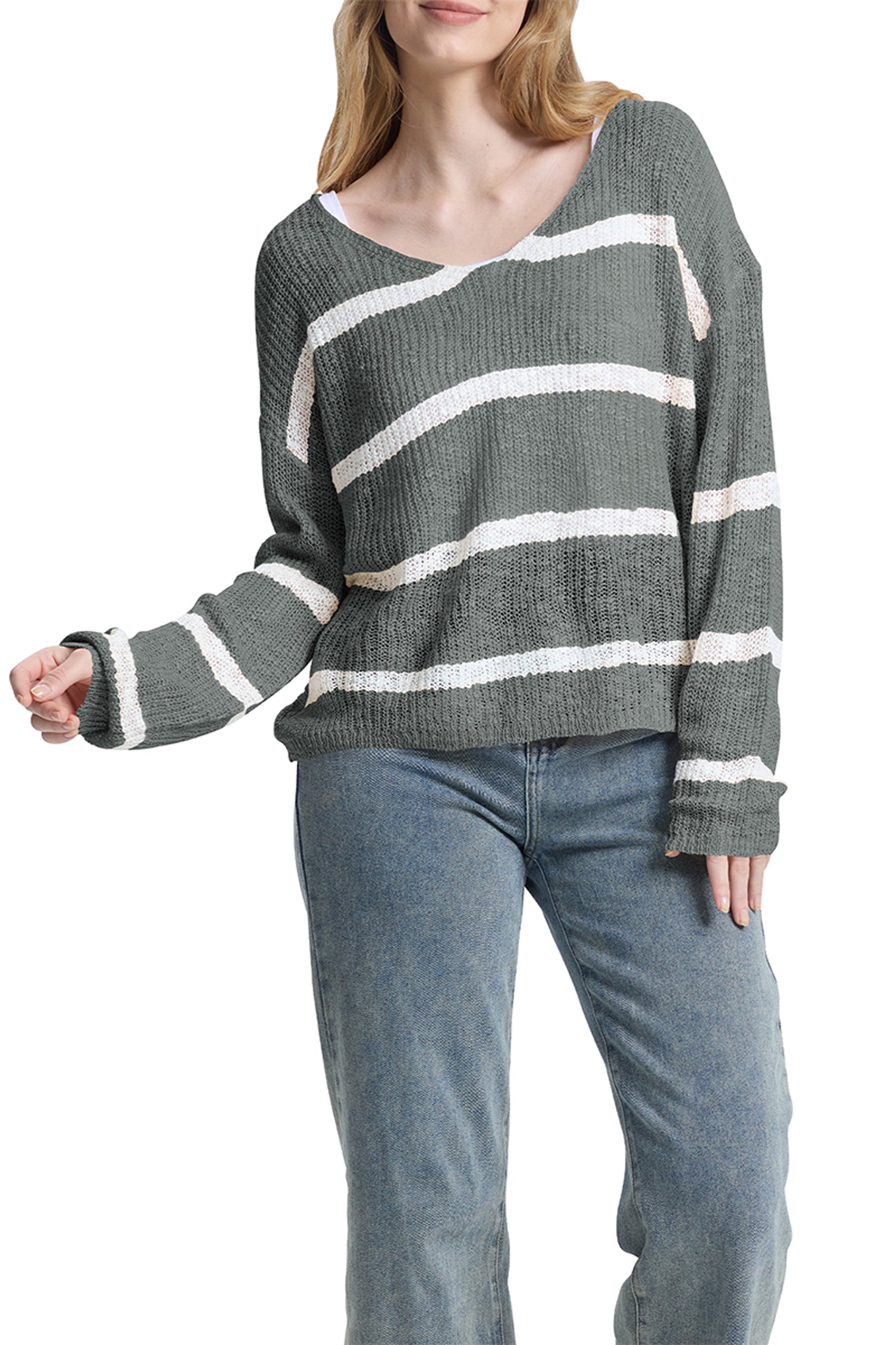 Cakulo Women's Off-Shoulder Striped Knit Sweater