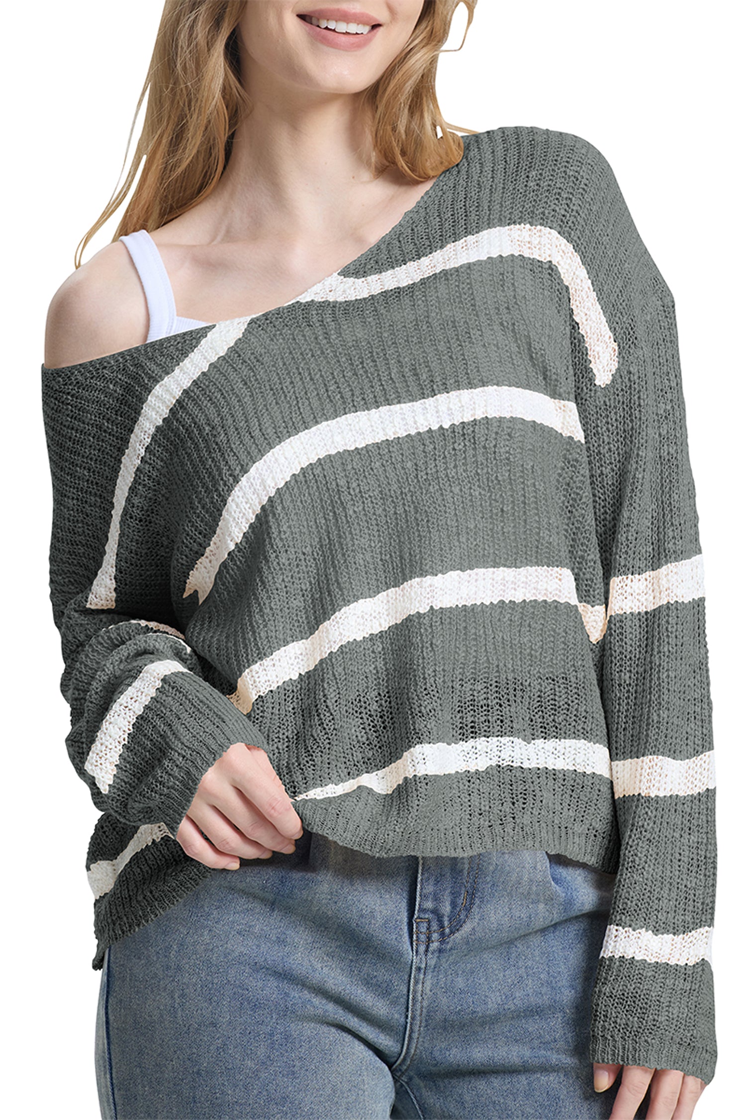 Cakulo Women's Off-Shoulder Striped Knit Sweater