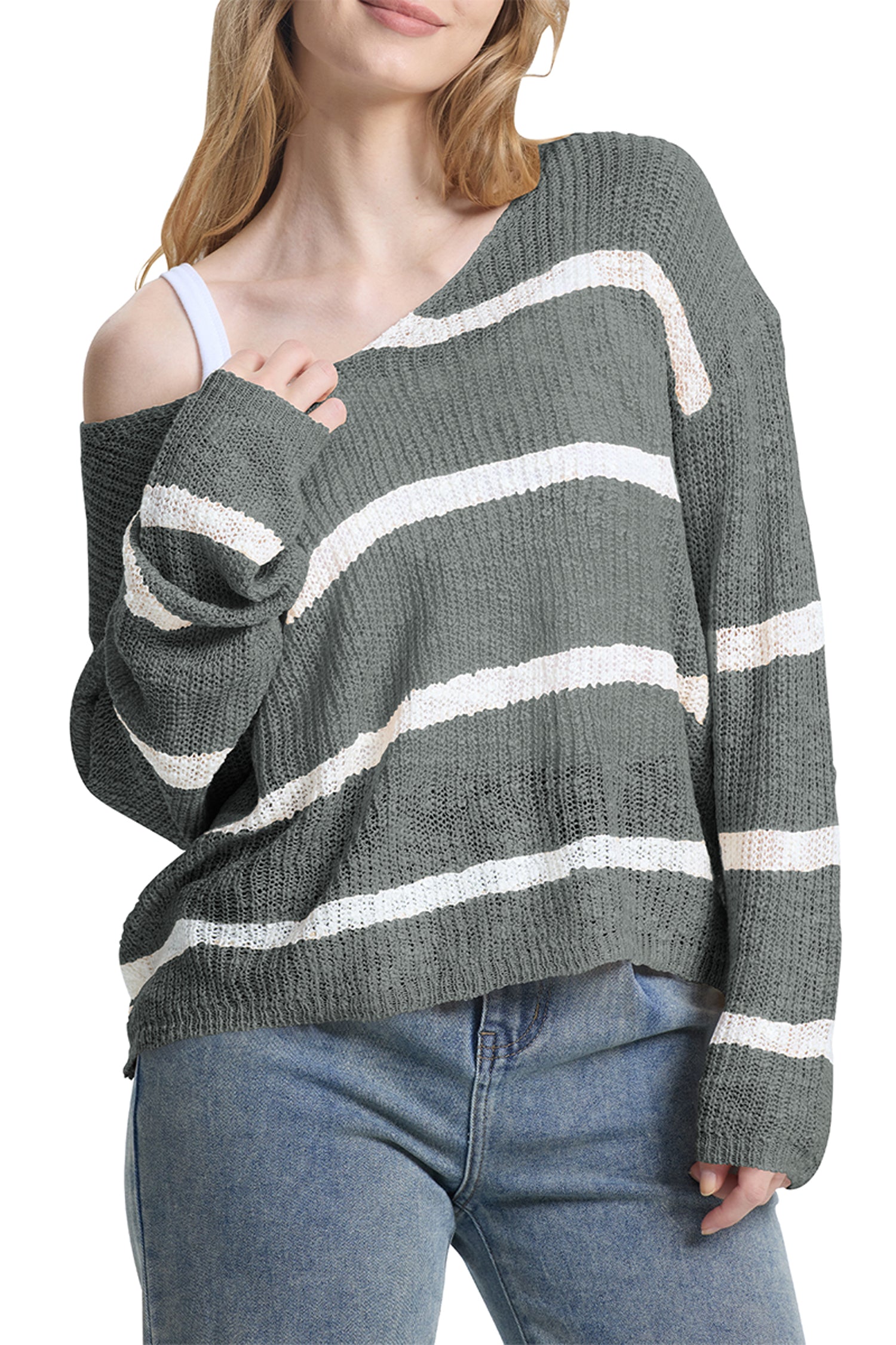 Cakulo Women's Off-Shoulder Striped Knit Sweater