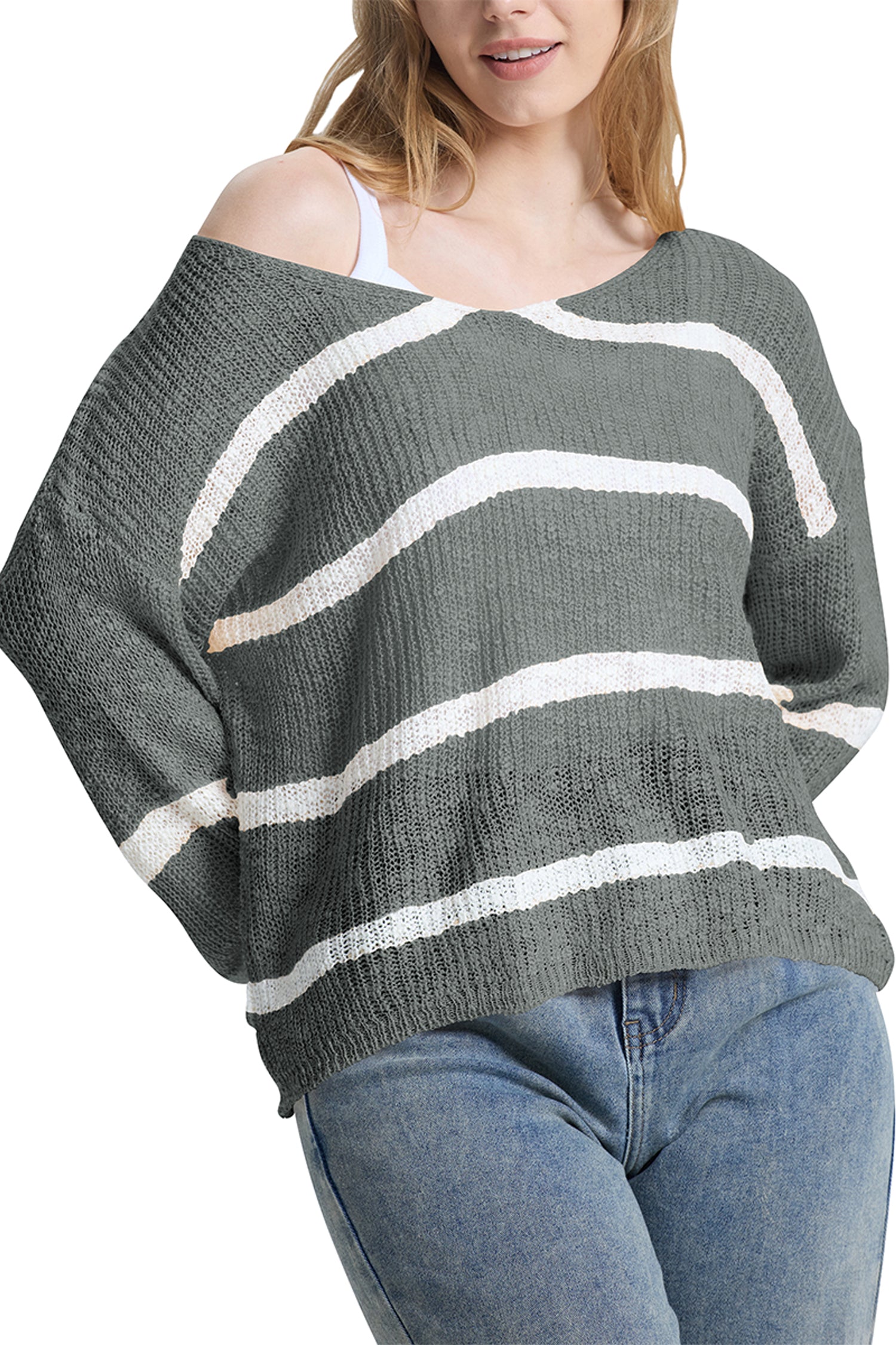 Cakulo Women's Off-Shoulder Striped Knit Sweater