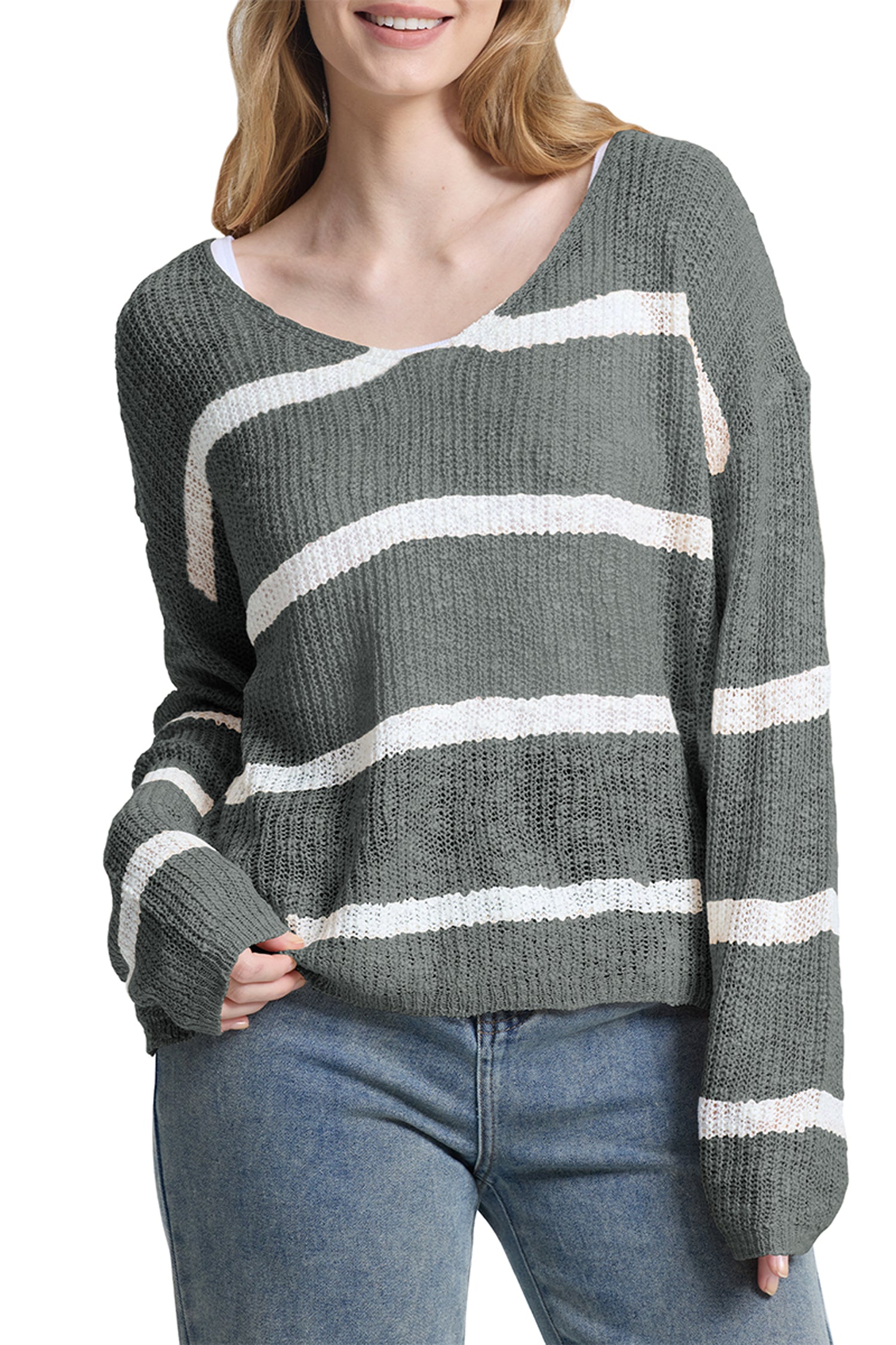 Cakulo Women's Off-Shoulder Striped Knit Sweater