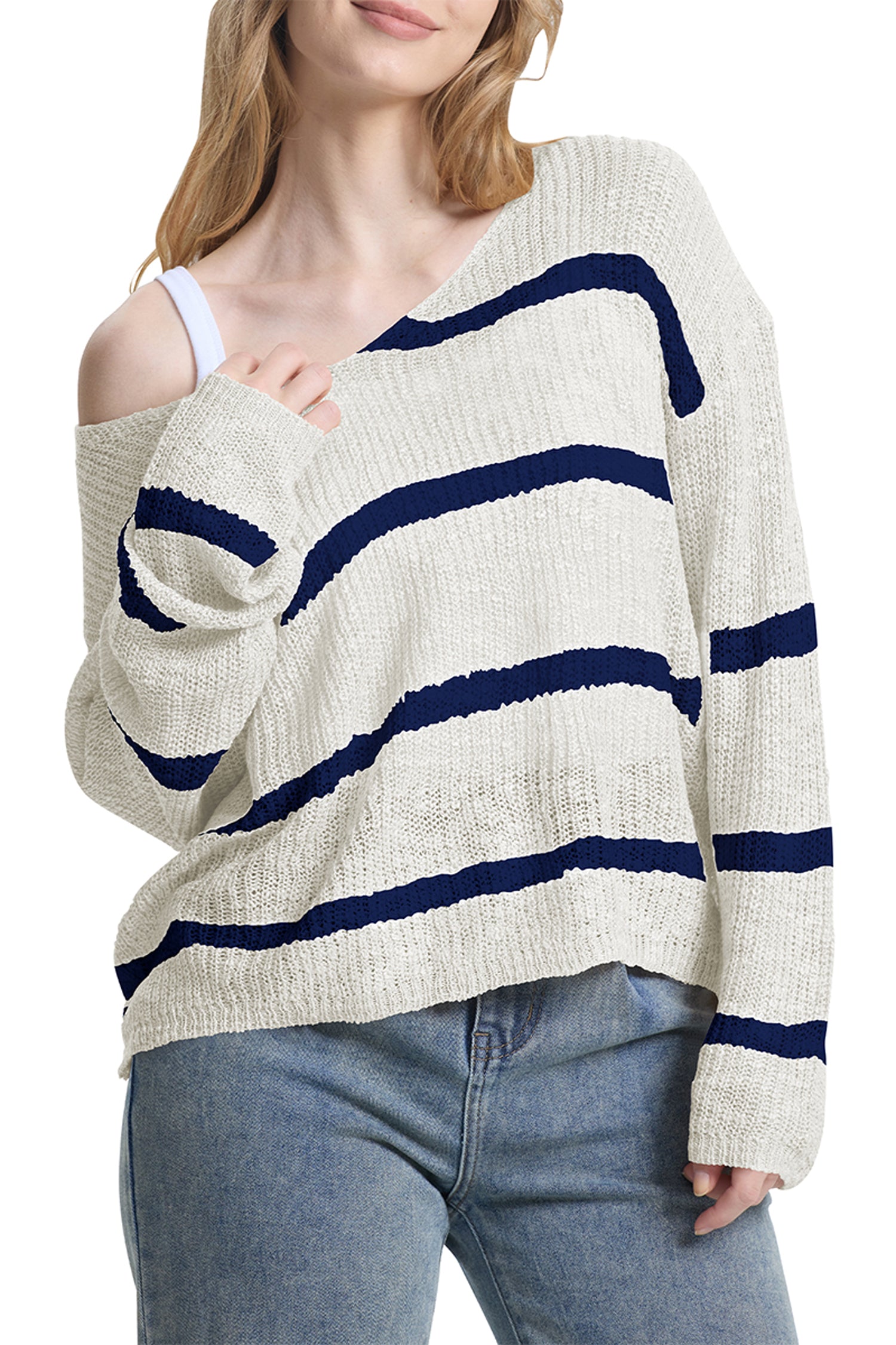 Cakulo Women's Off-Shoulder Striped Knit Sweater