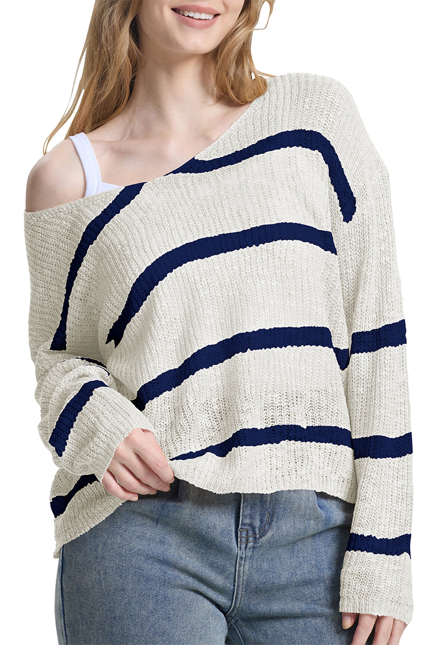 Cakulo Women's Off-Shoulder Striped Knit Sweater