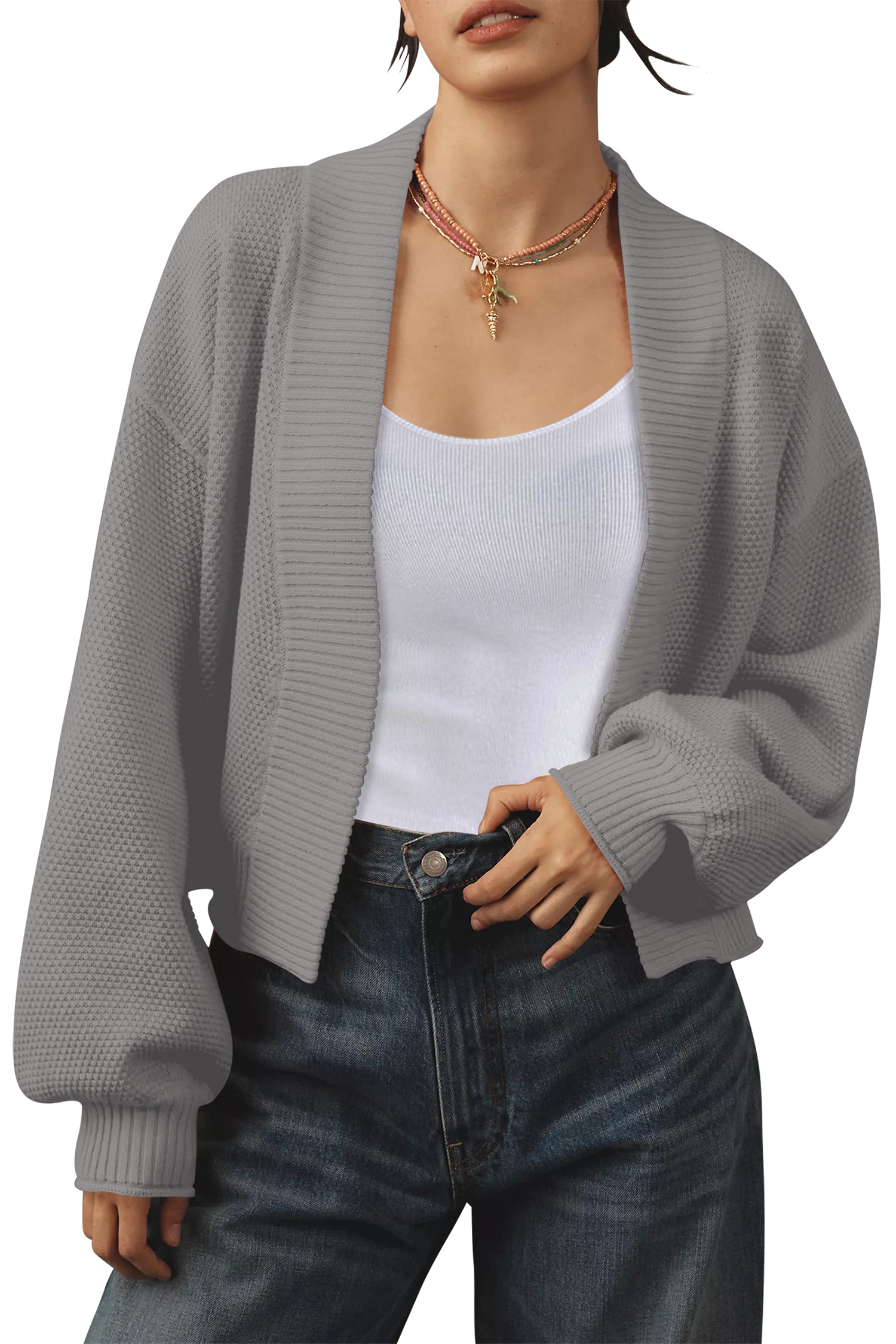 Cakulo Women's Open-Front Waffle Knit Cropped Cardigan