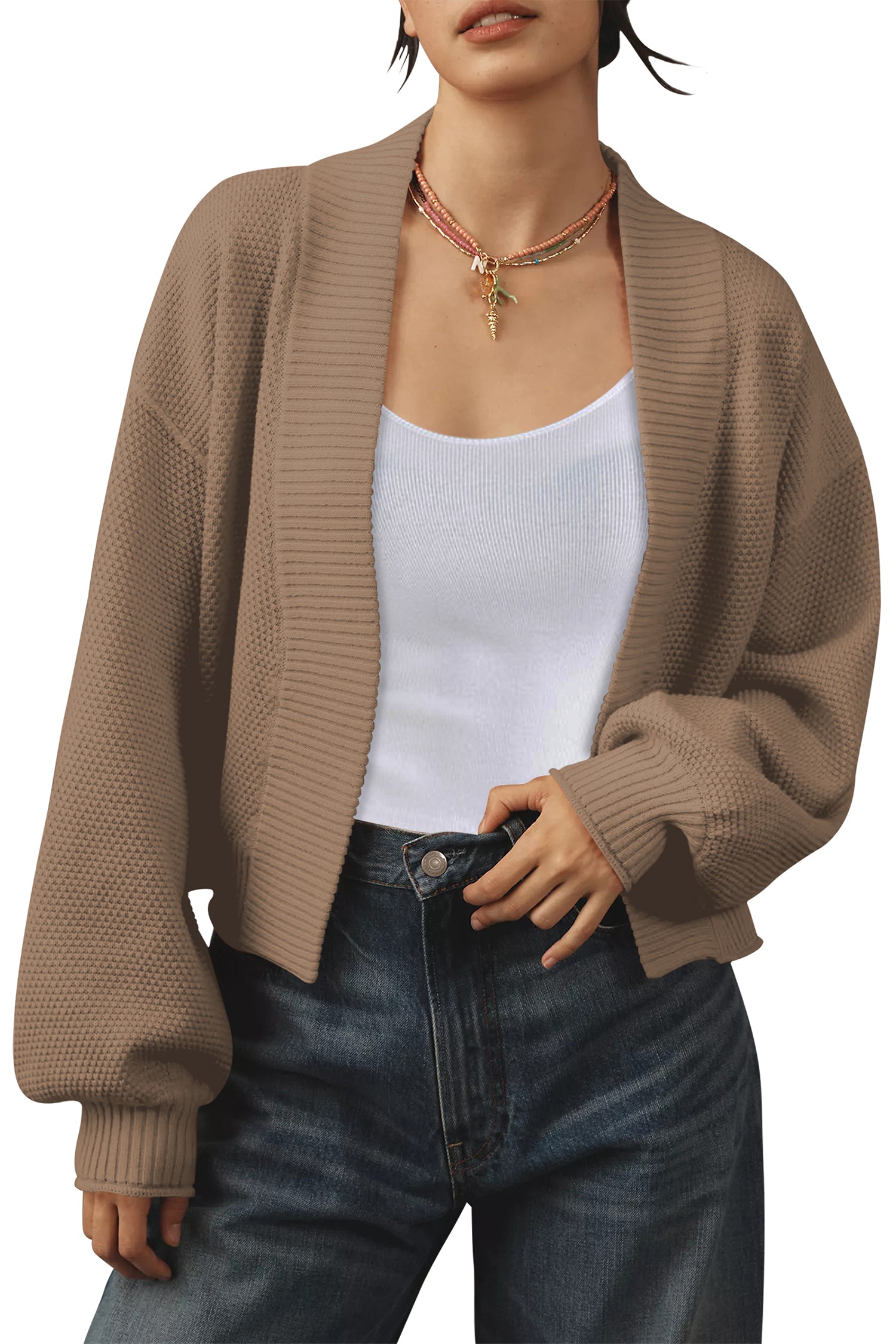 Cakulo Women's Open-Front Waffle Knit Cropped Cardigan