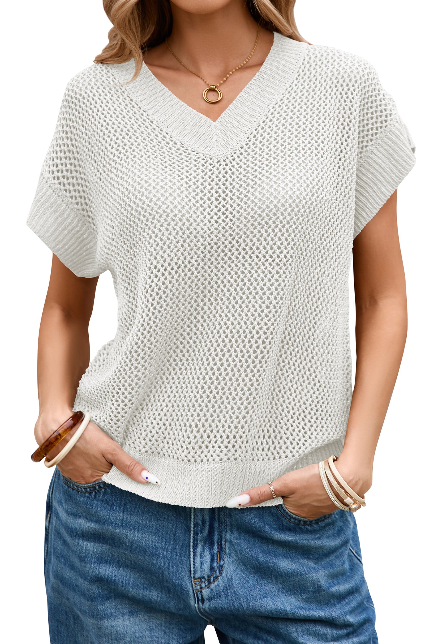 Cakulo Women's Summer Crochet V-Neck Sheer Sparkly Knit Top