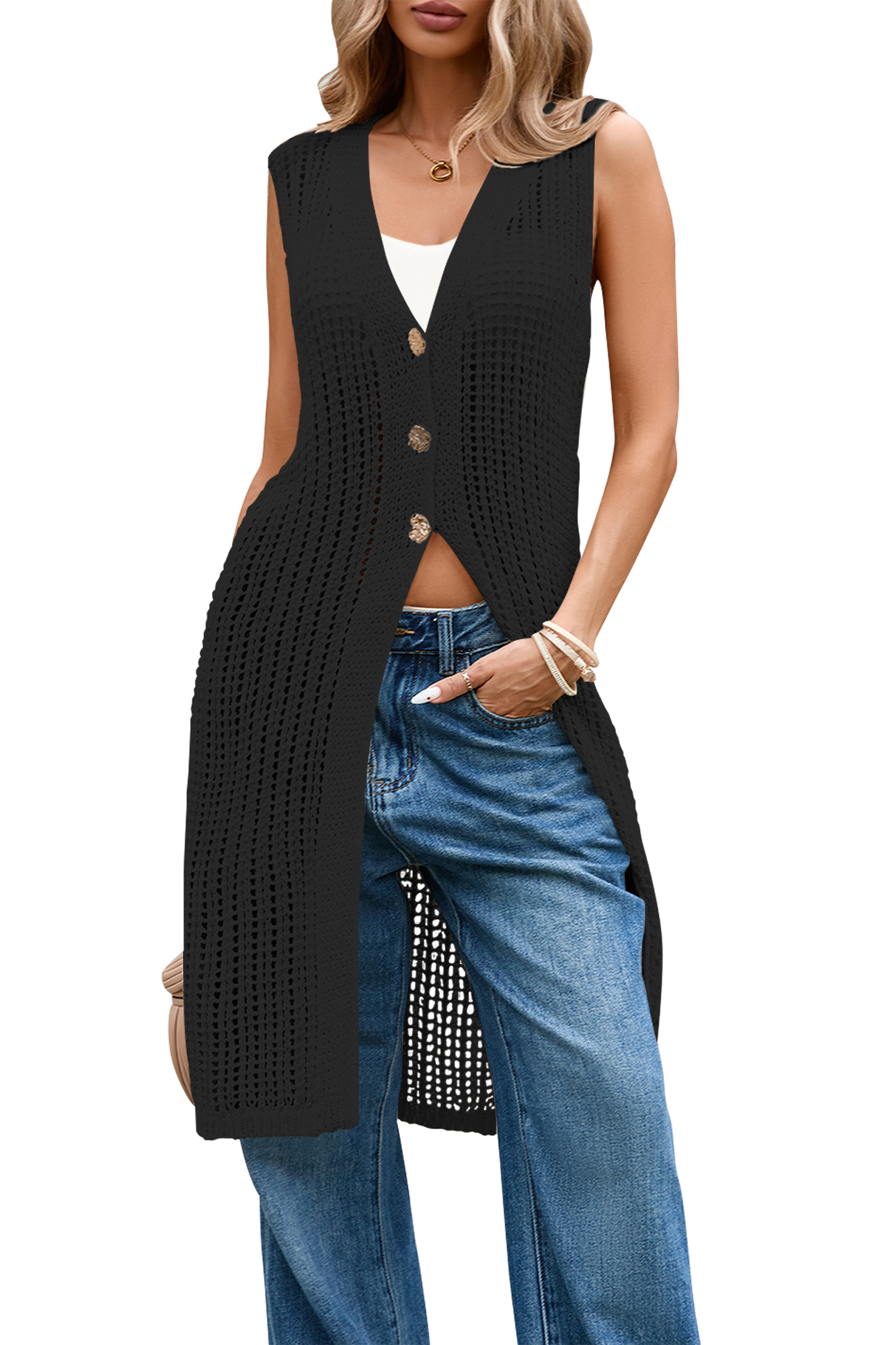 Cakulo Women's Summer Crochet Sleeveless Knit Cardigan