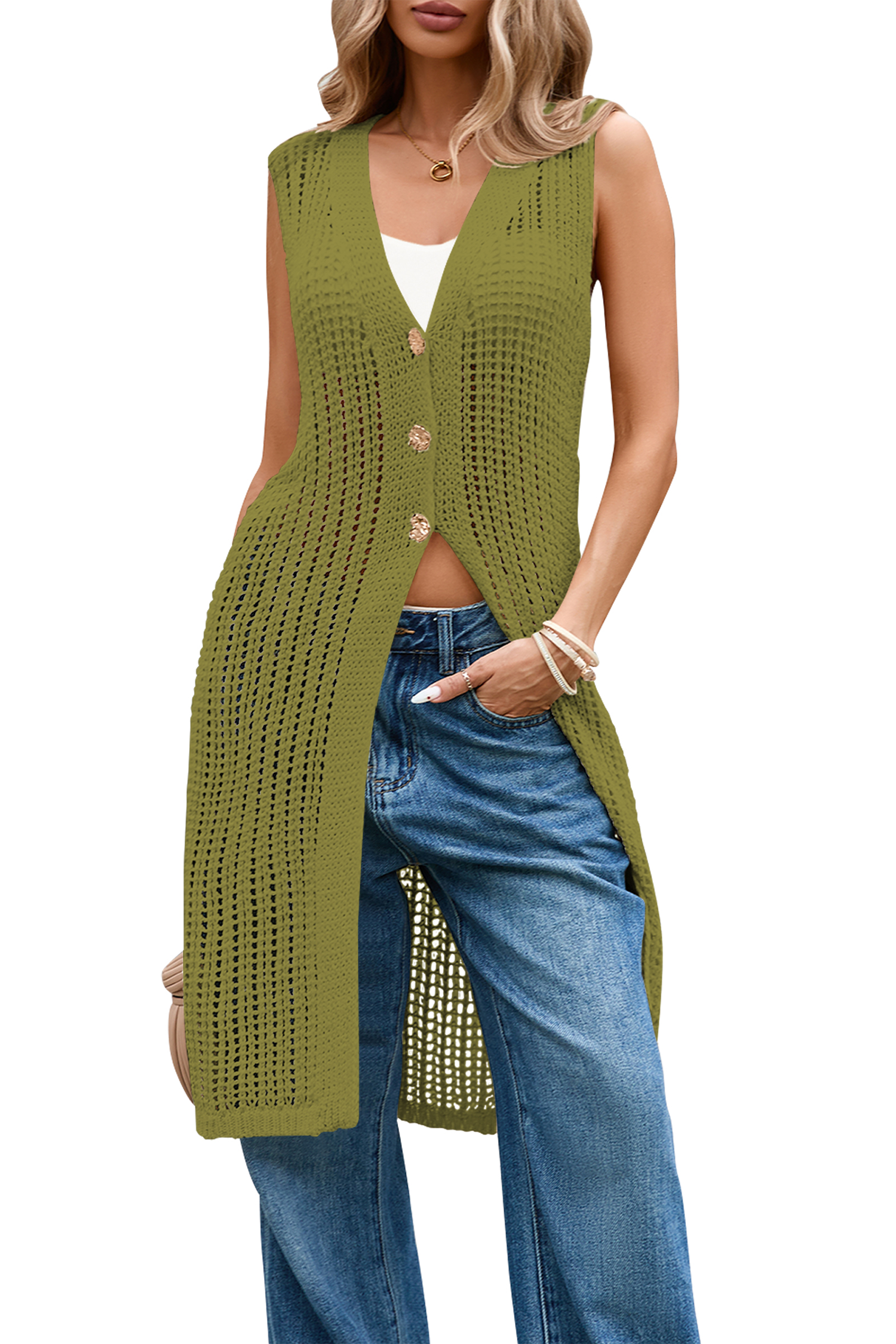 Cakulo Women's Summer Crochet Sleeveless Knit Cardigan