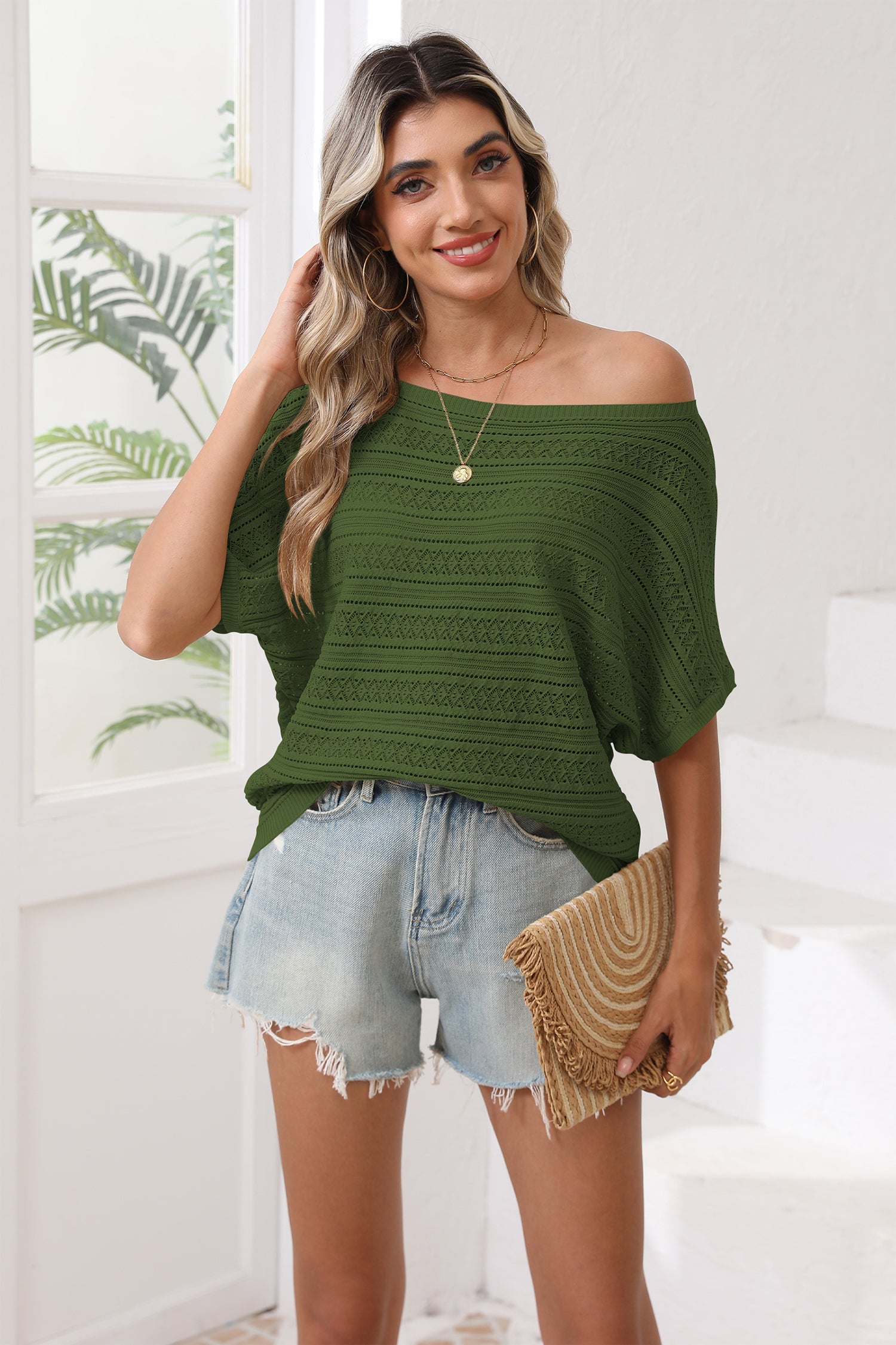 Cakulo Women's Summer Off-Shoulder Crochet Batwing Knit Top