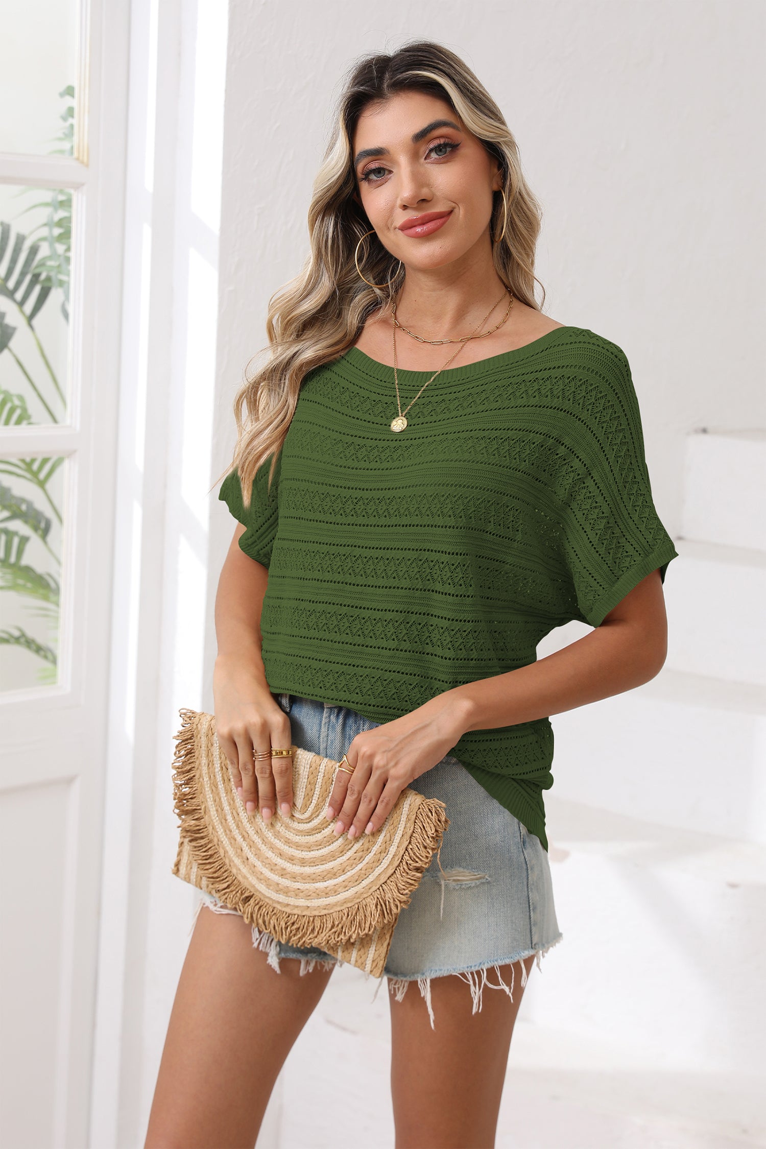 Cakulo Women's Summer Off-Shoulder Crochet Batwing Knit Top