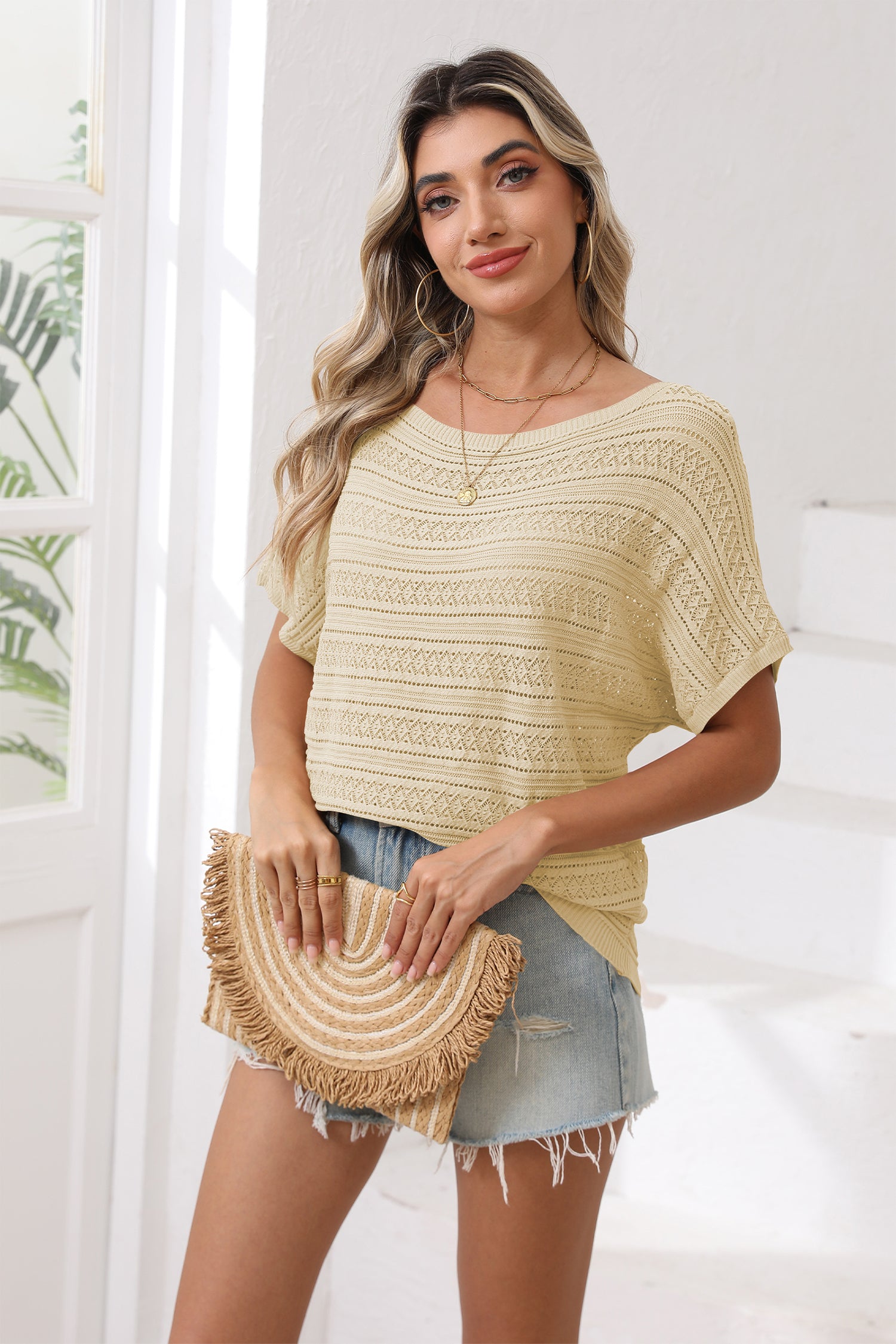 Cakulo Women's Summer Off-Shoulder Crochet Batwing Knit Top