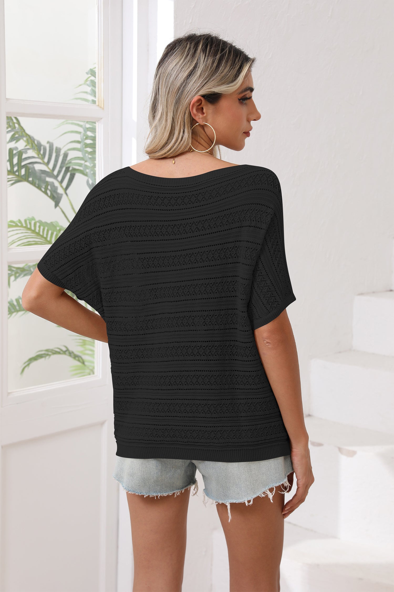 Cakulo Women's Summer Off-Shoulder Crochet Batwing Knit Top