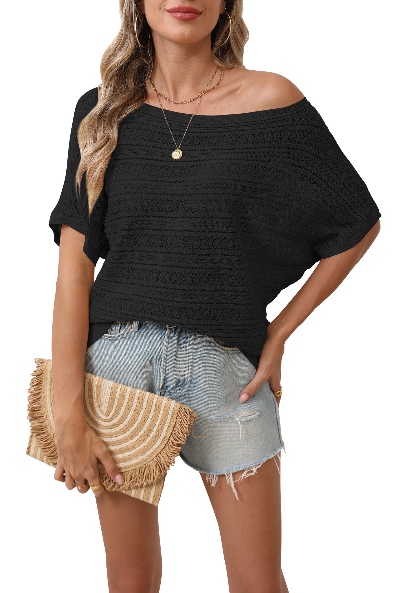 Cakulo Women's Summer Off-Shoulder Crochet Batwing Knit Top