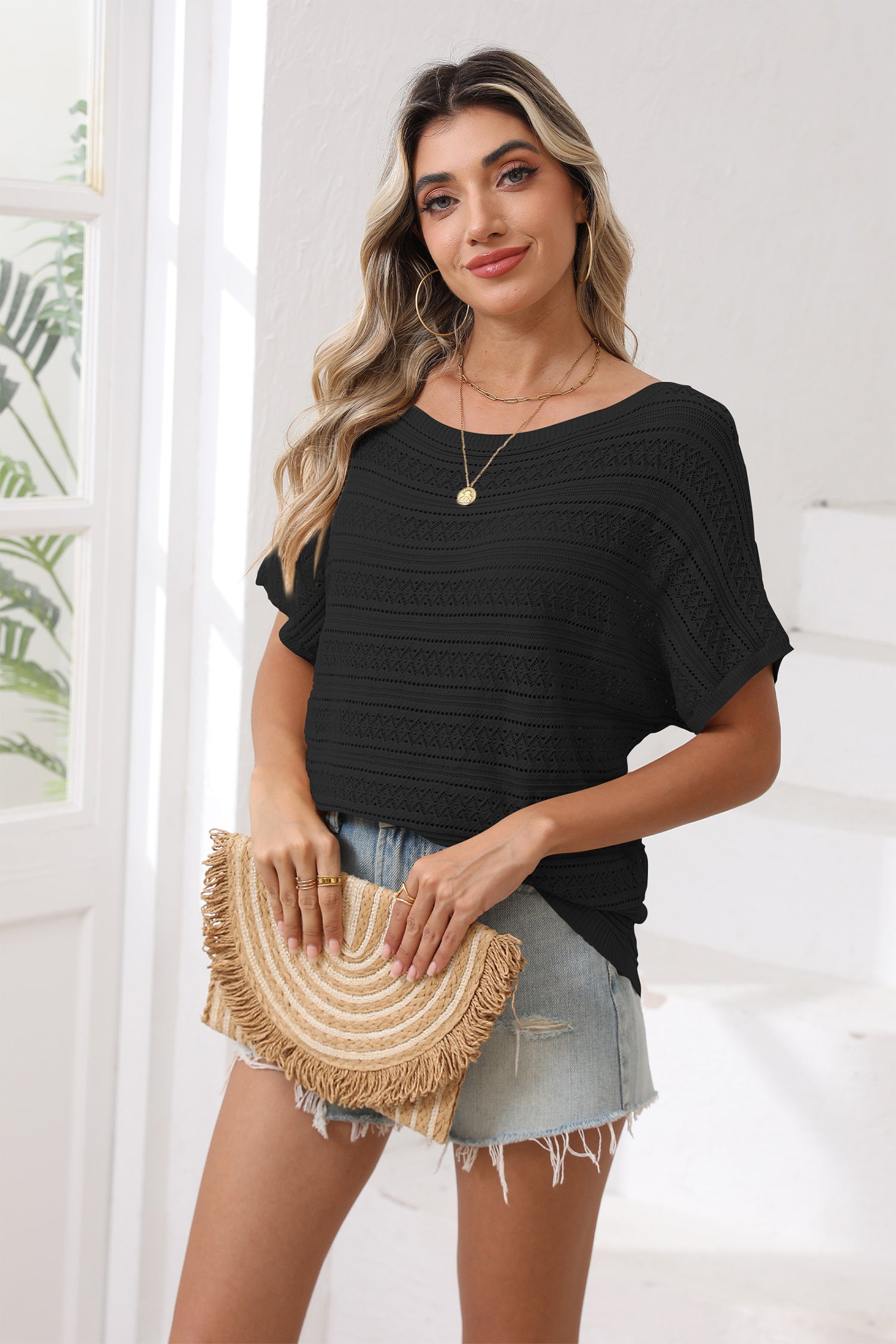 Cakulo Women's Summer Off-Shoulder Crochet Batwing Knit Top