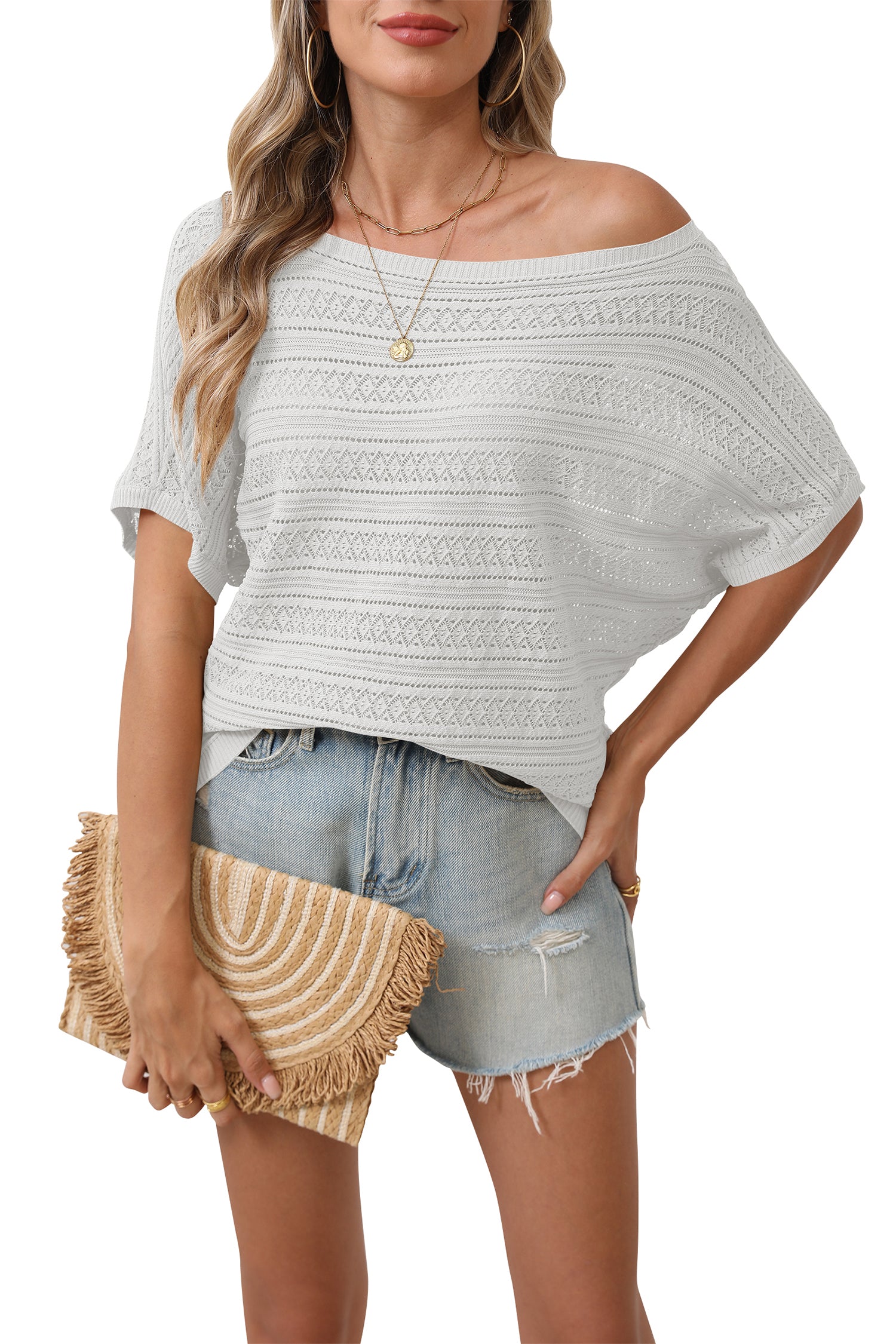 Cakulo Women's Summer Off-Shoulder Crochet Batwing Knit Top