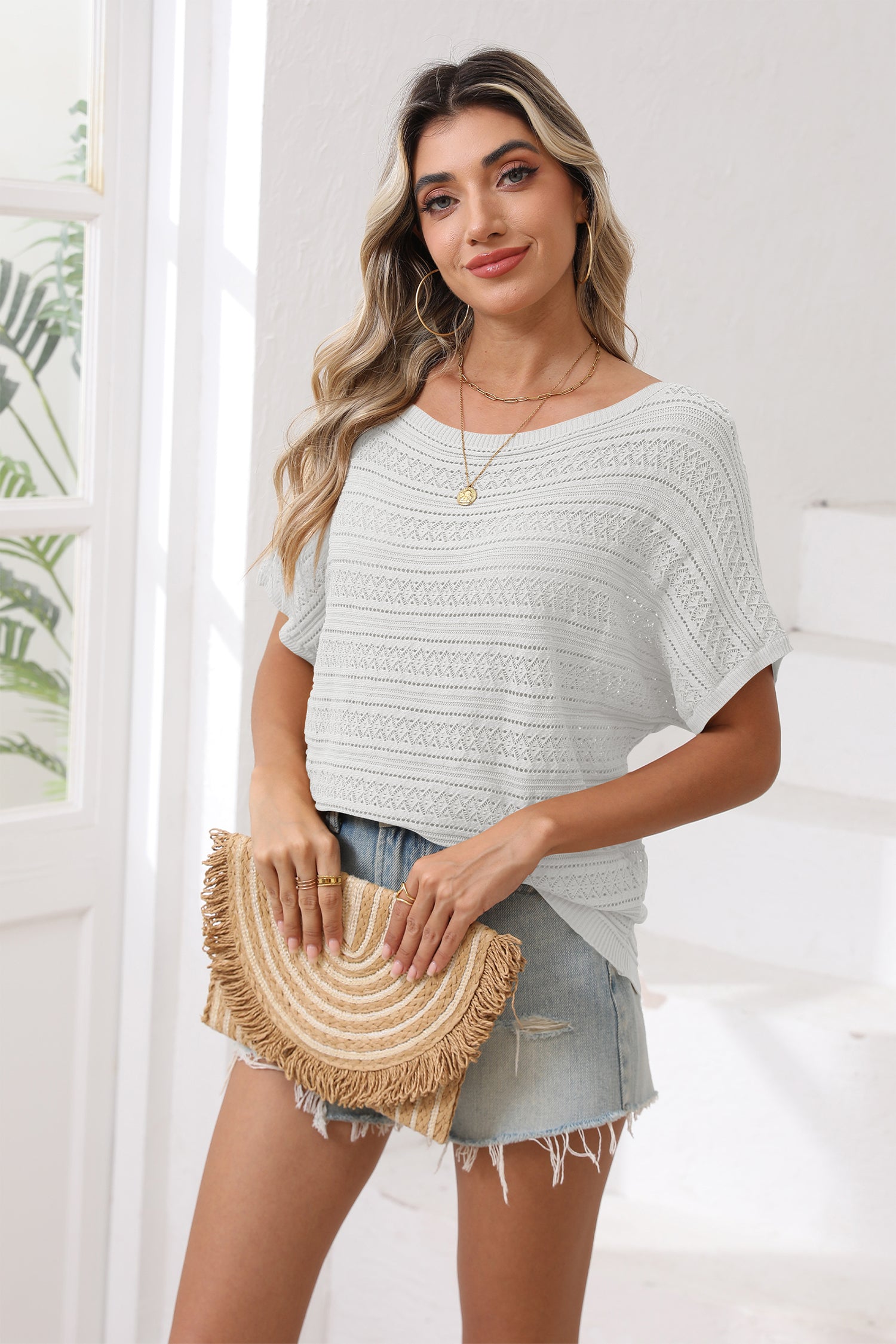 Cakulo Women's Summer Off-Shoulder Crochet Batwing Knit Top